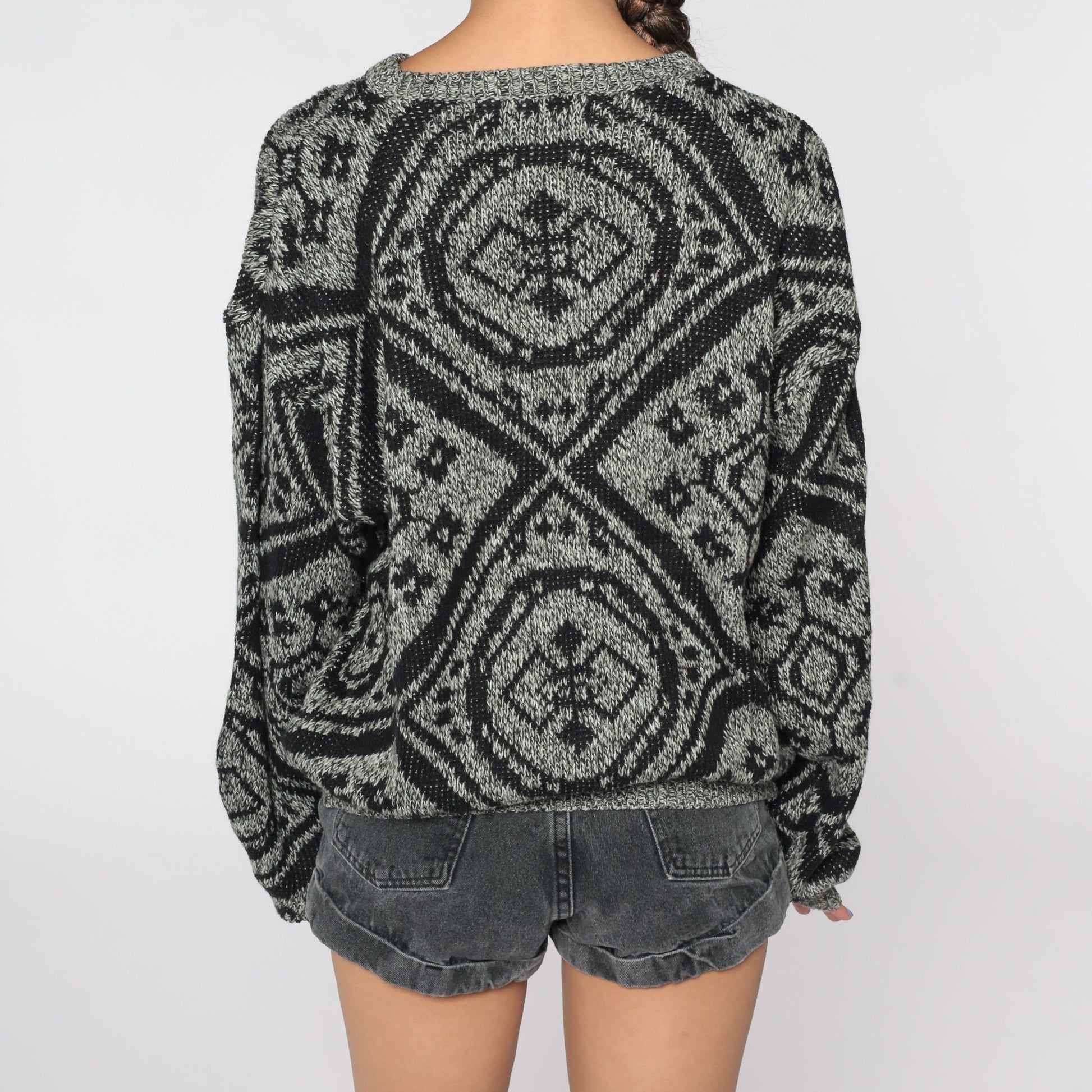 80s Geometric Knit Sweater Grey Jacquard Pullover Men's Medium