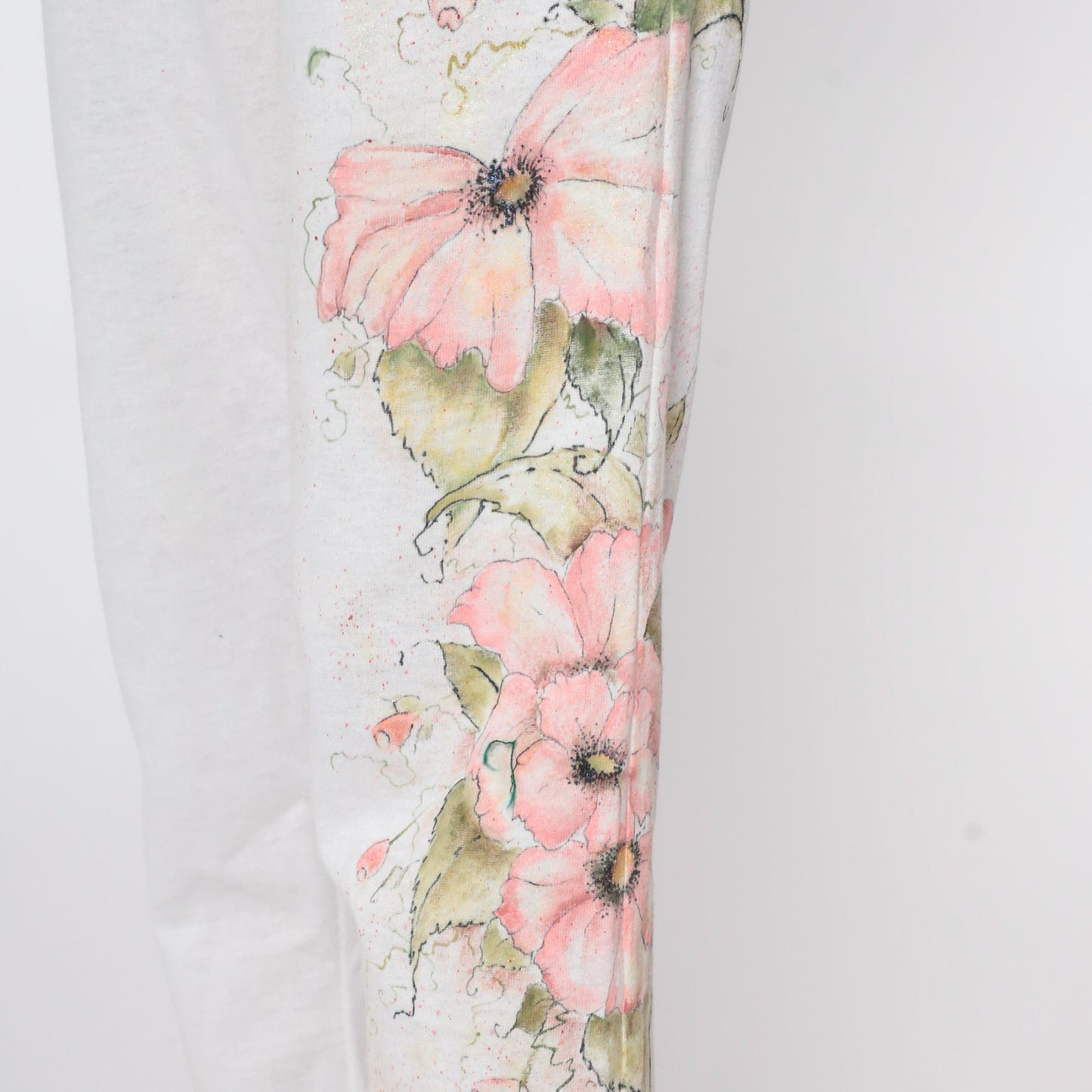 80s Hand Painted Floral Jumpsuit White High Waisted Button Back Short Sleeve Extra Small XS