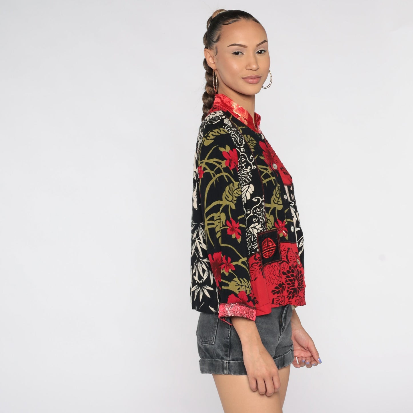 90s Floral Beaded Button Up Shirt Red Asian-Inspired Blouse Large L