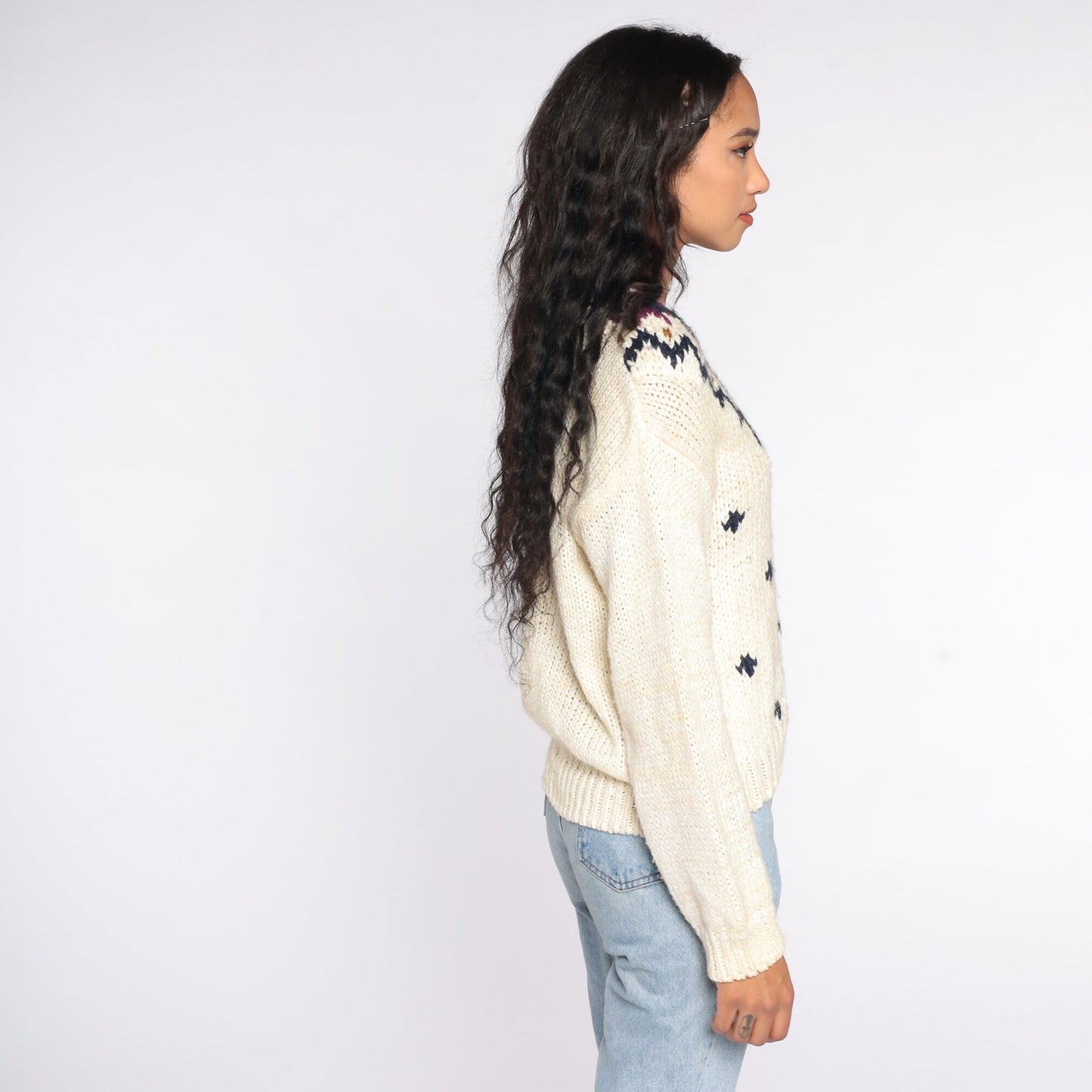80s Cream Geometric V-Neck Sweater Knit Pullover Small
