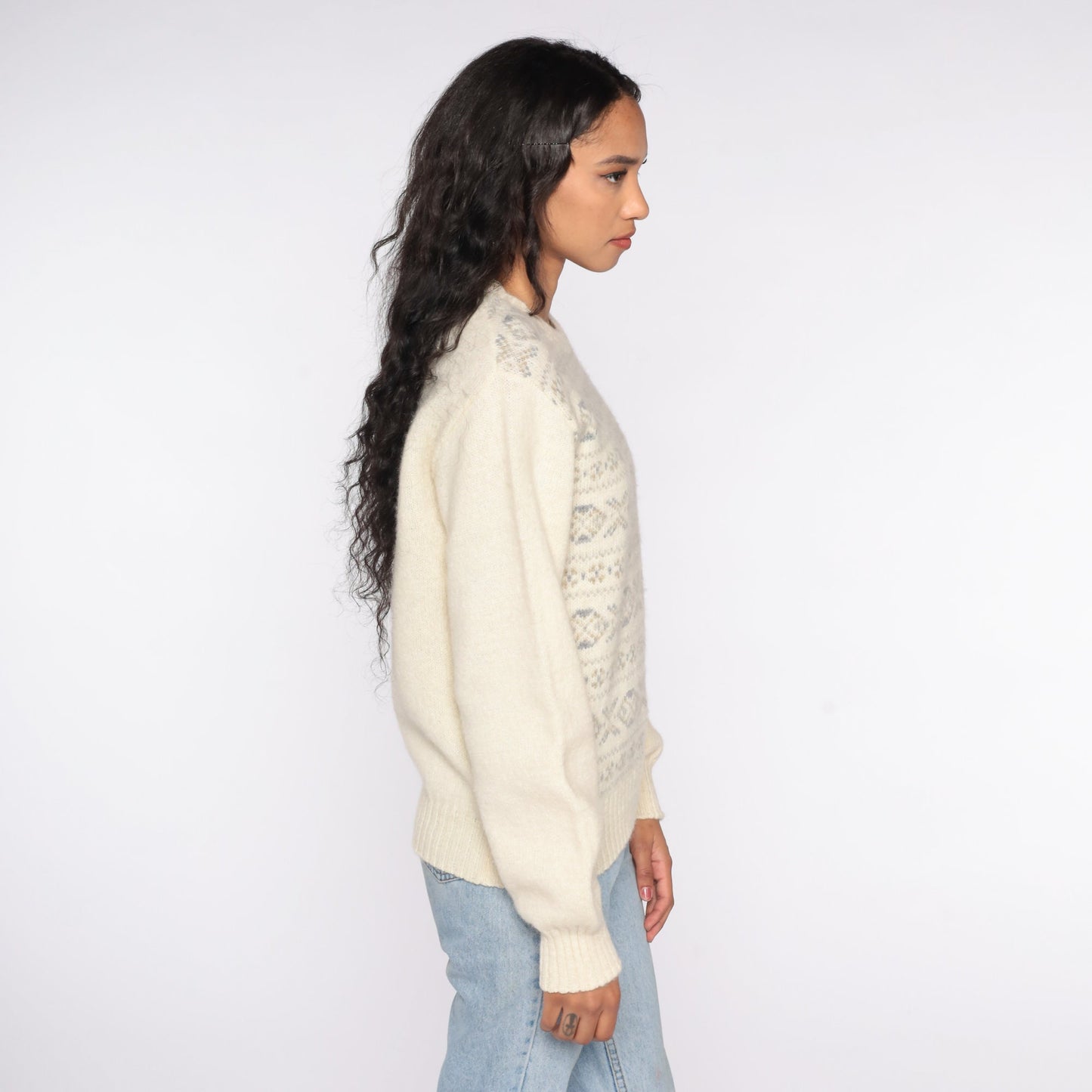 80s Cream Geometric Wool Blend Sweater Knit Pullover Medium