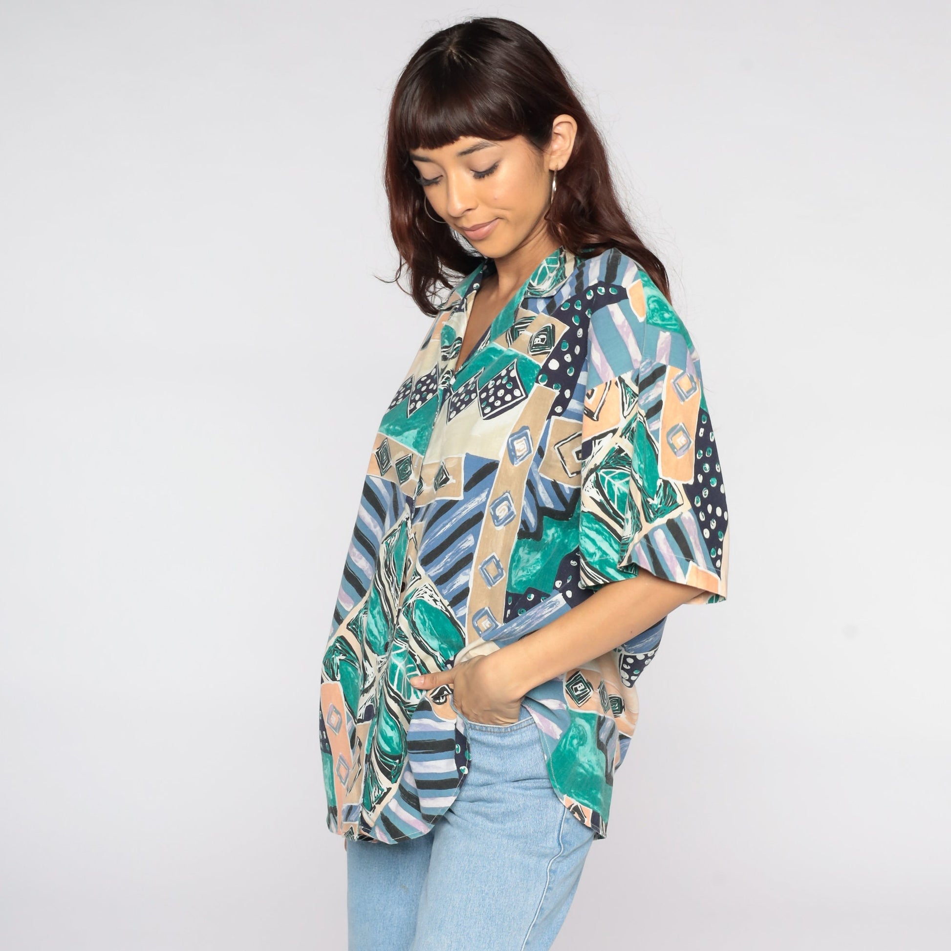 80s Geometric Tropical Button Up Blouse Plus Size Green Blue Short Sleeve Extra Extra Large XXL