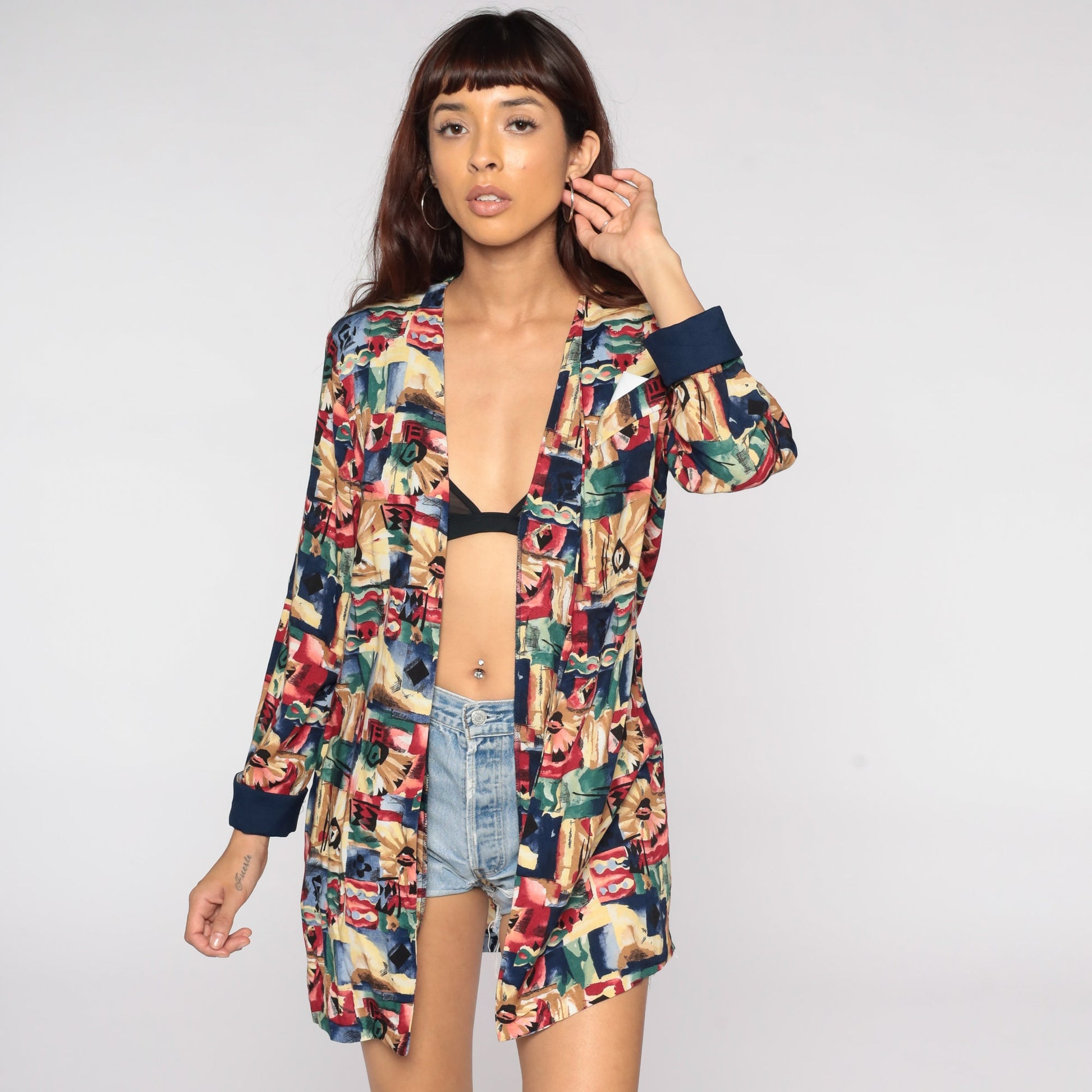 90s Floral Print Open Front Blazer Jacket Rayon Medium Large