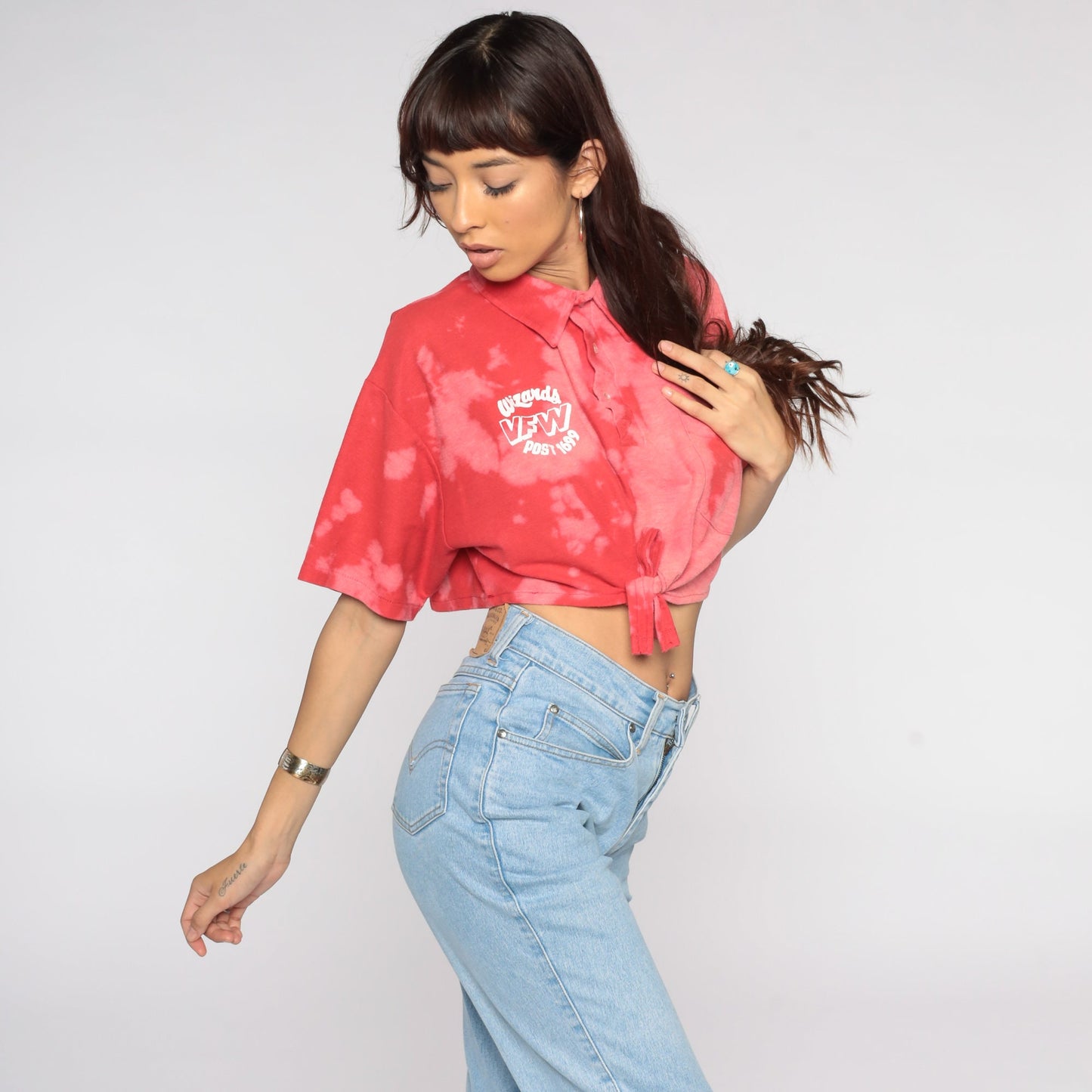 90s Wizards VFW 1699 Tie Dye Crop Top Button Up Shirt Red Extra Large