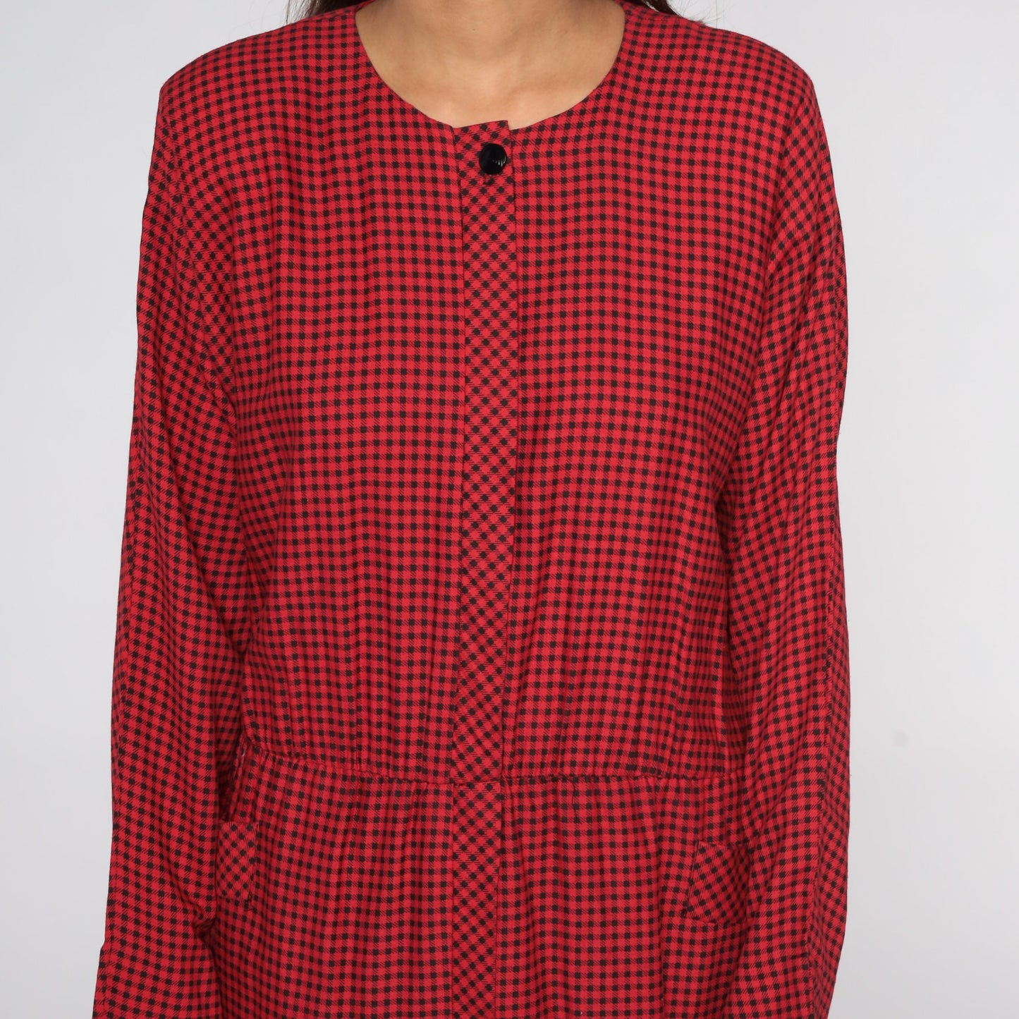 80s Red Gingham Midi Dress Long Sleeve Checkered Plaid Large