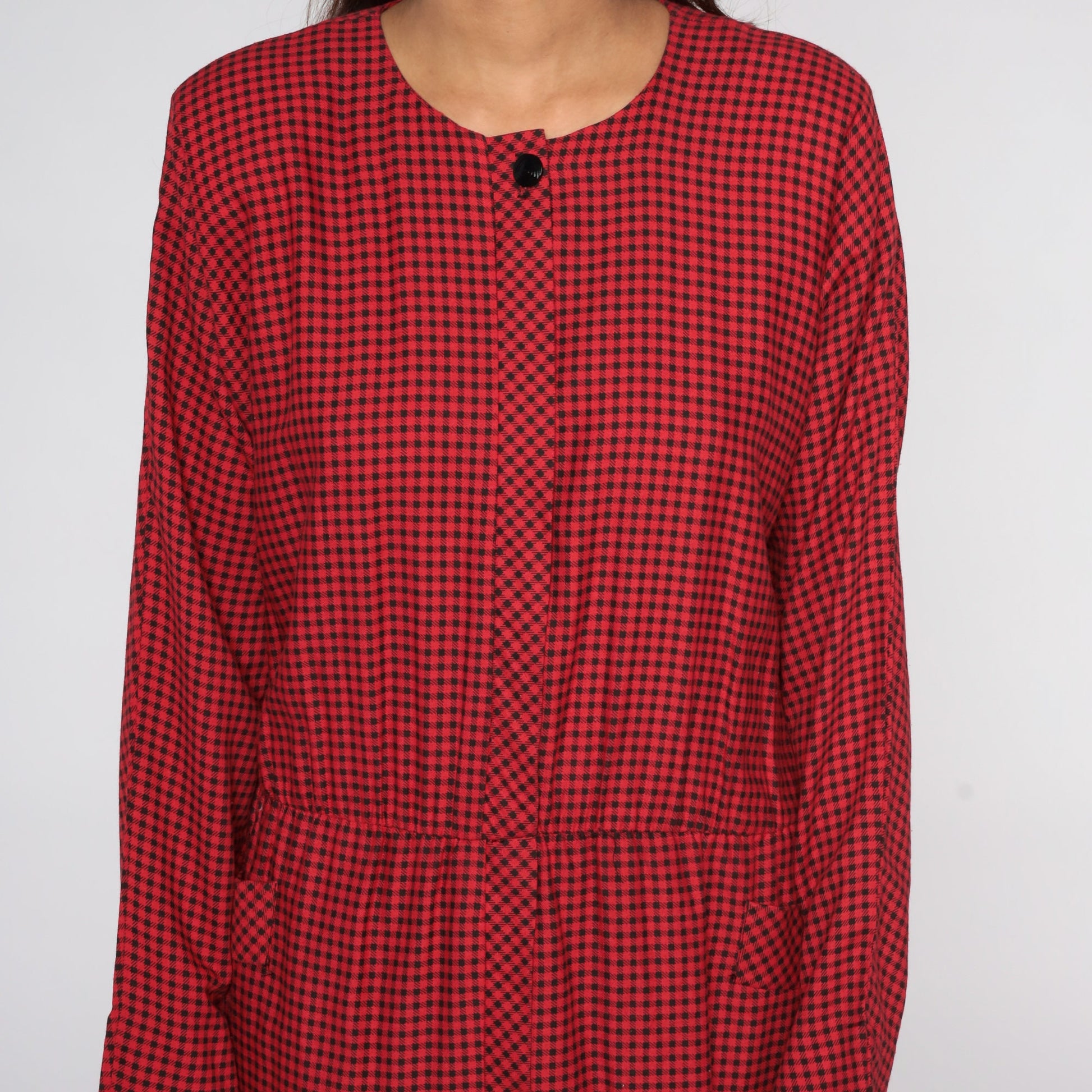 80s Red Gingham Midi Dress Long Sleeve Checkered Plaid Large
