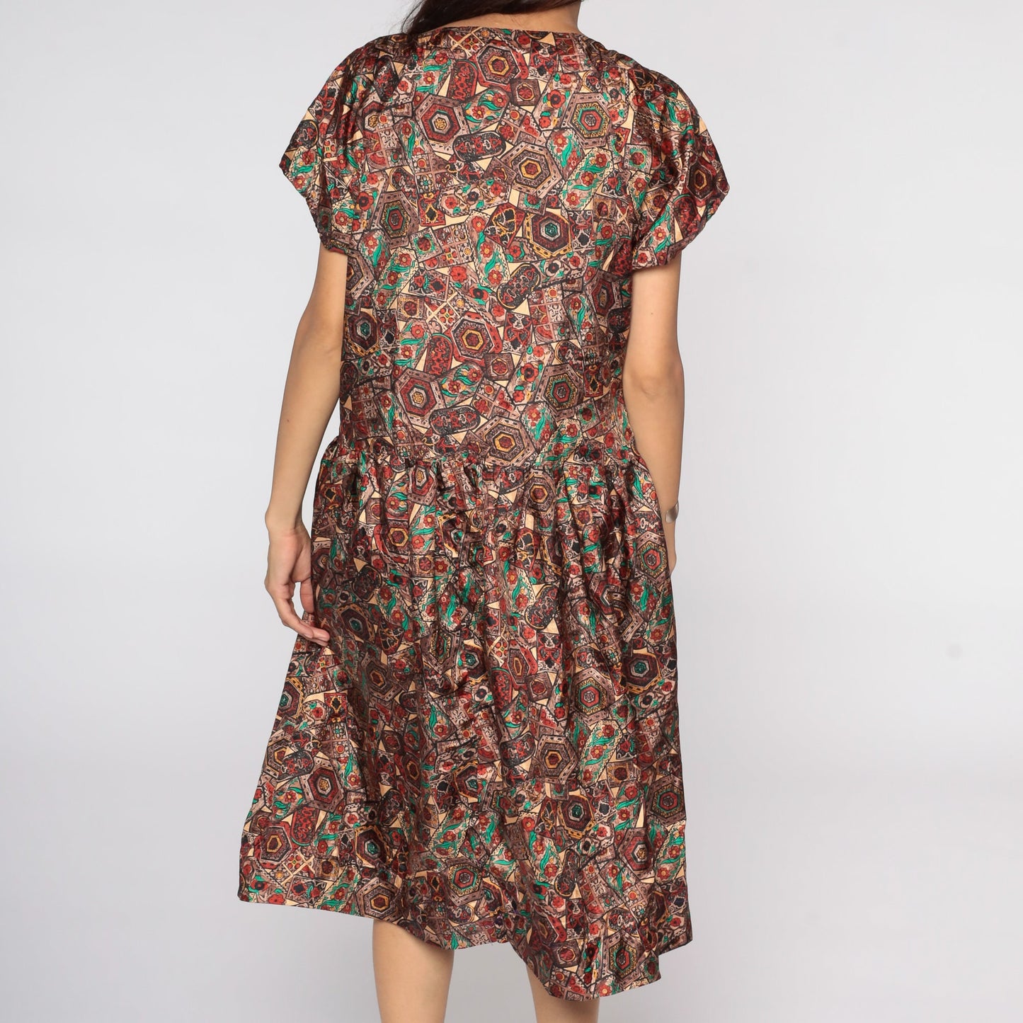 1960s Geometric Floral Midi Dress Drop Waist Short Sleeve Red Brown Medium