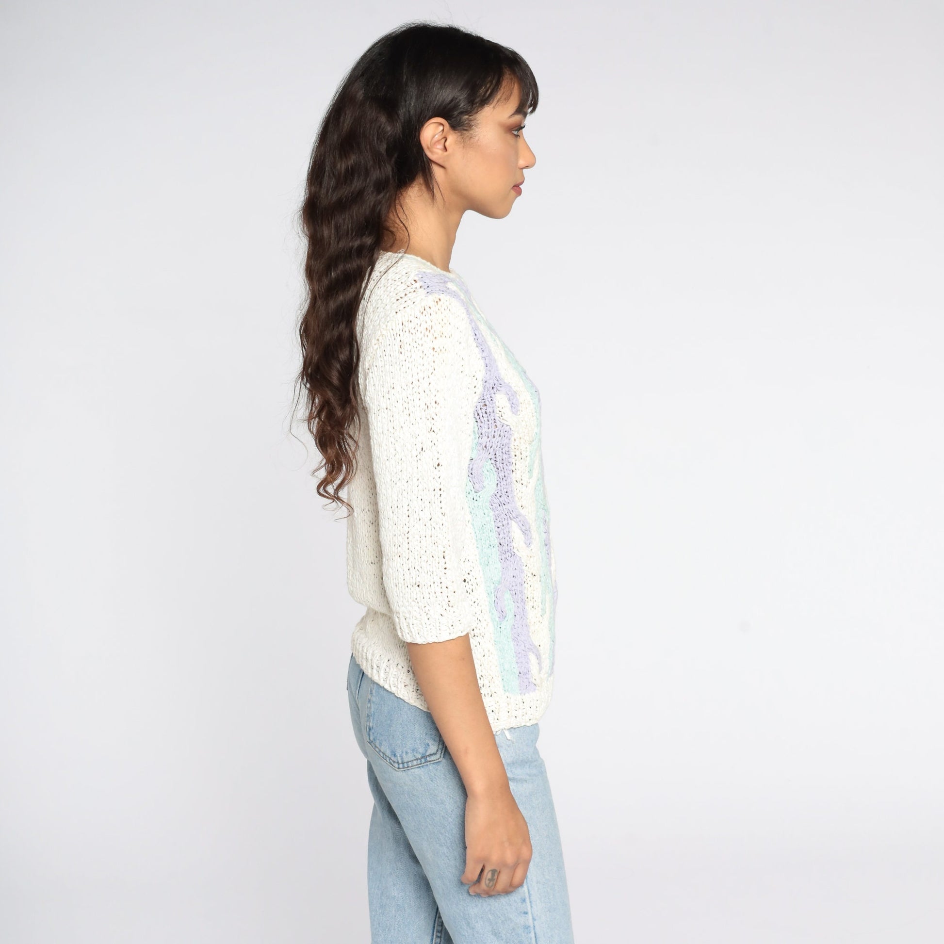 80s Pastel Abstract Cable Knit Sweater Blue Purple 3/4 Sleeve Medium