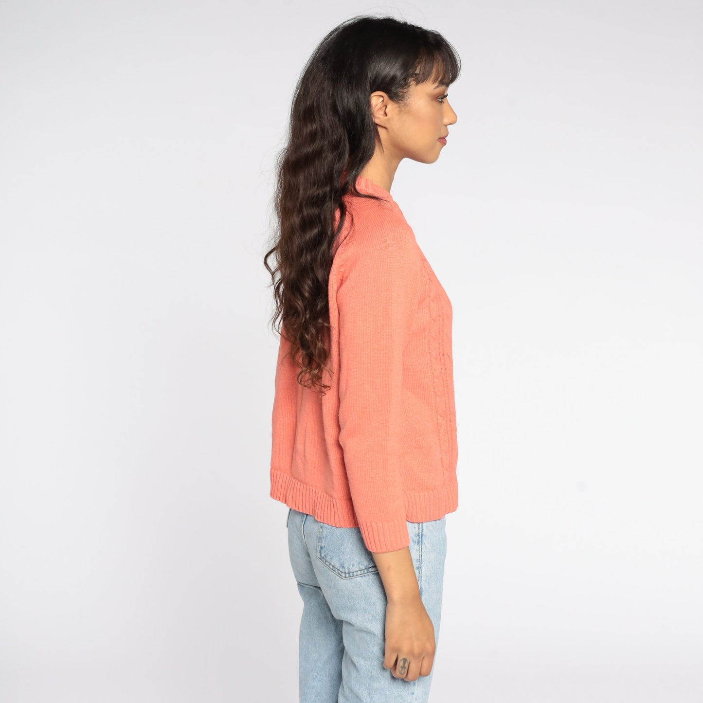 70s Salmon Pink Cable Knit Cardigan Button Up Sweater Small