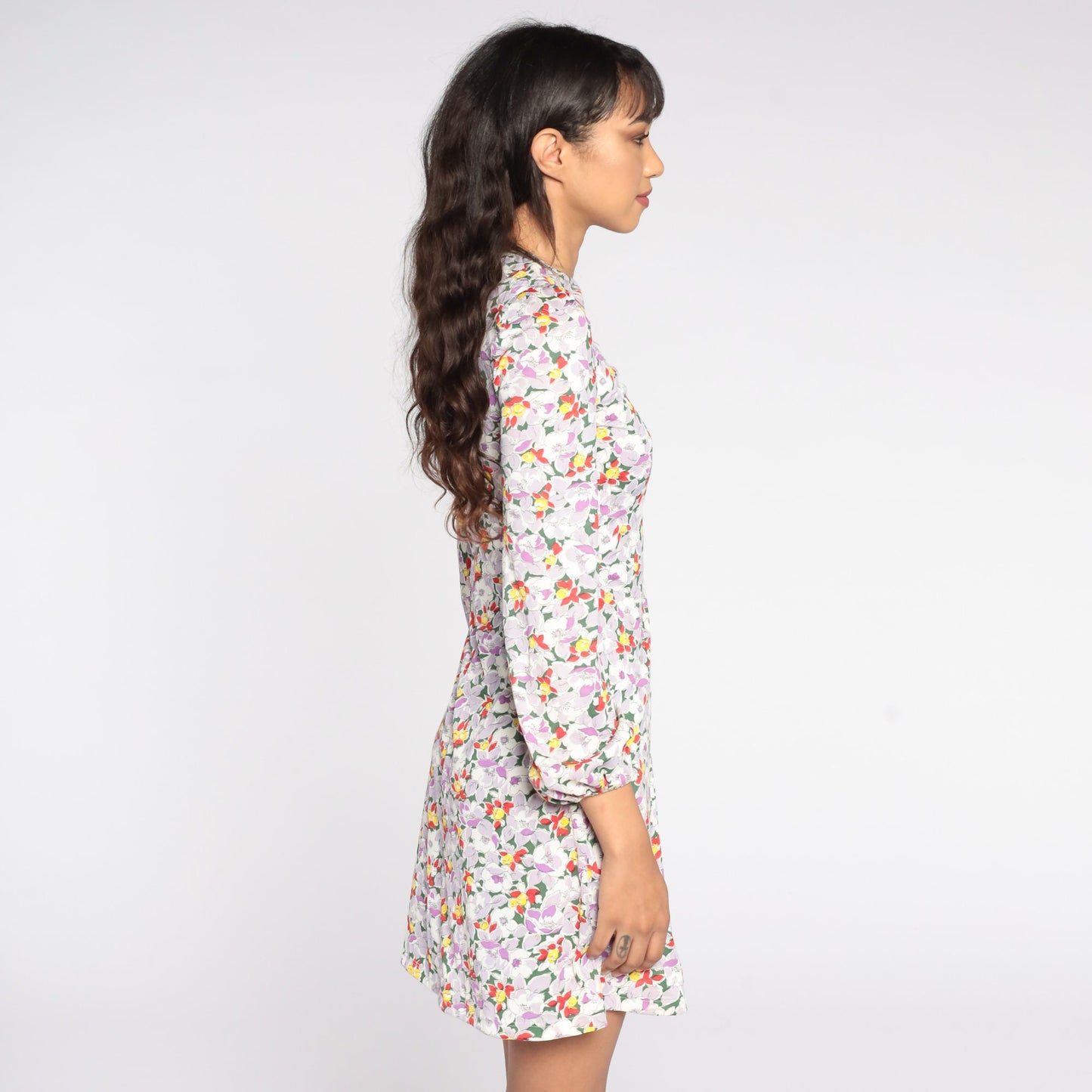 70s Floral Puff Sleeve Mini Shift Dress Multicolor Extra Small