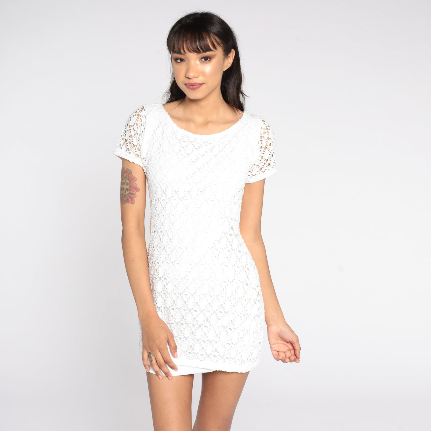 90s White Crochet Cutwork Mini Dress Cotton Blend Small S