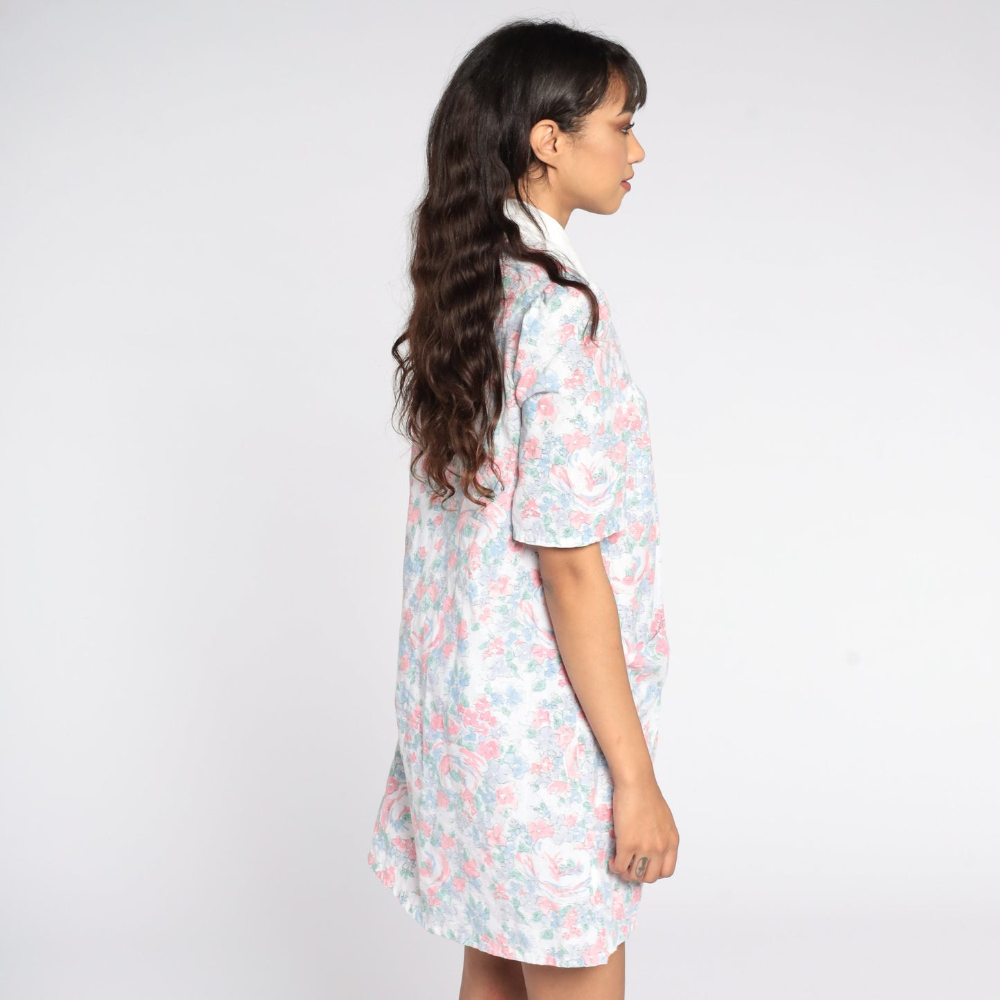 80s Floral Mini Dress Lace Collar Short Sleeve Cotton Small