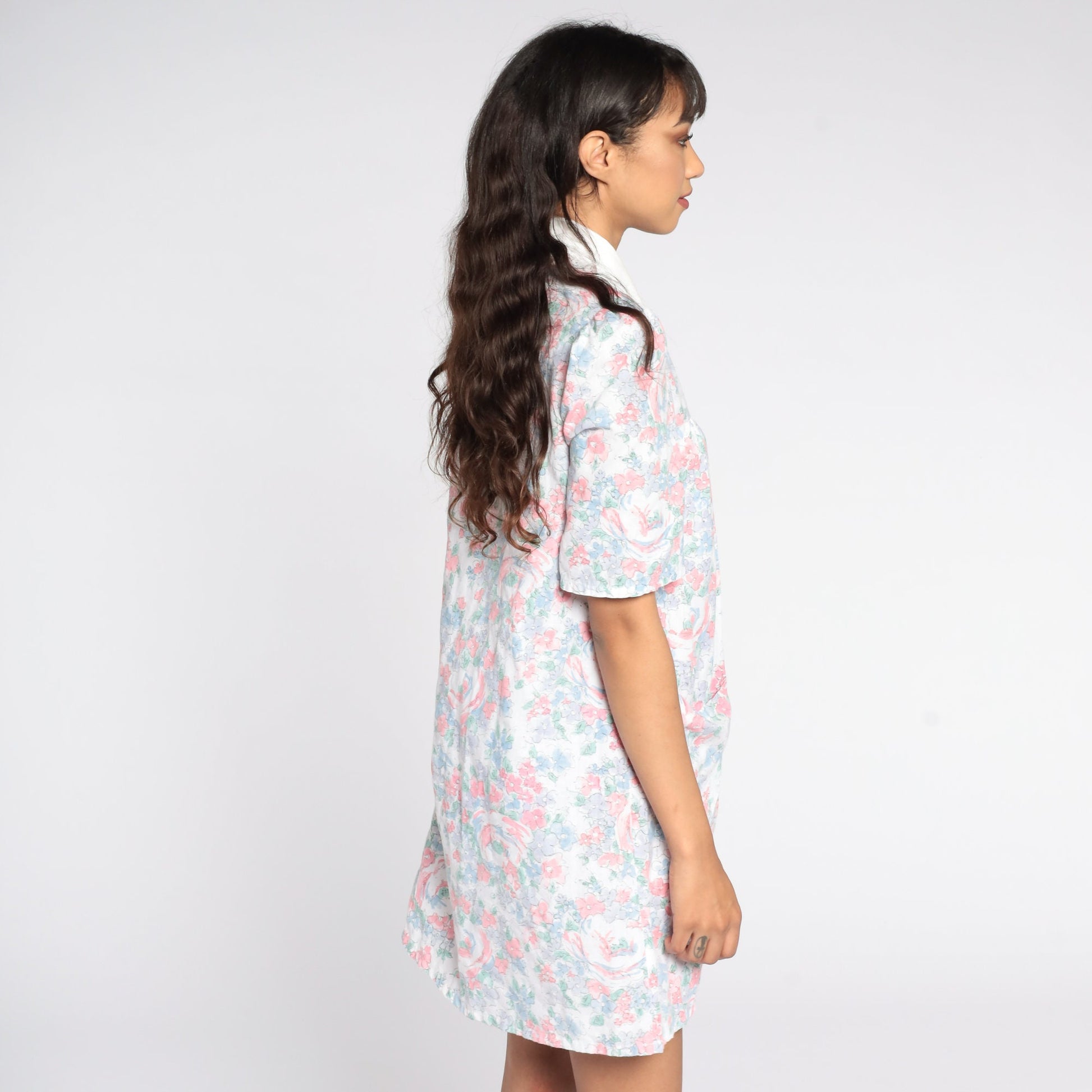 80s Floral Mini Dress Lace Collar Short Sleeve Cotton Small