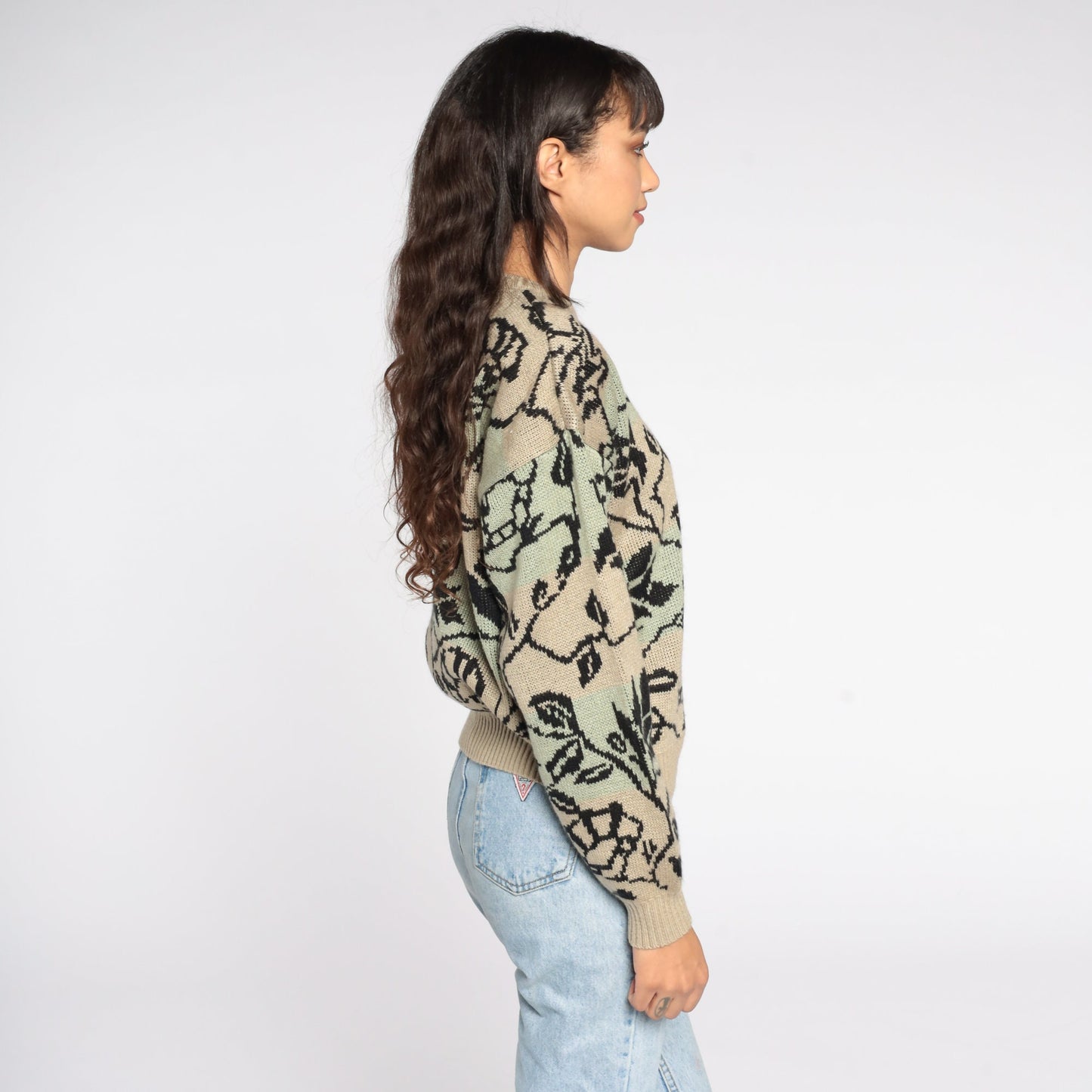 80s Floral Vine Crewneck Sweater Brown Green Pullover Medium