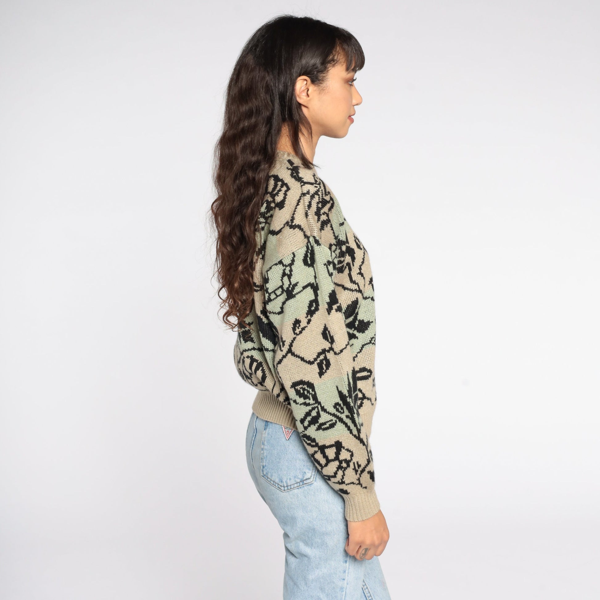 80s Floral Vine Crewneck Sweater Brown Green Pullover Medium