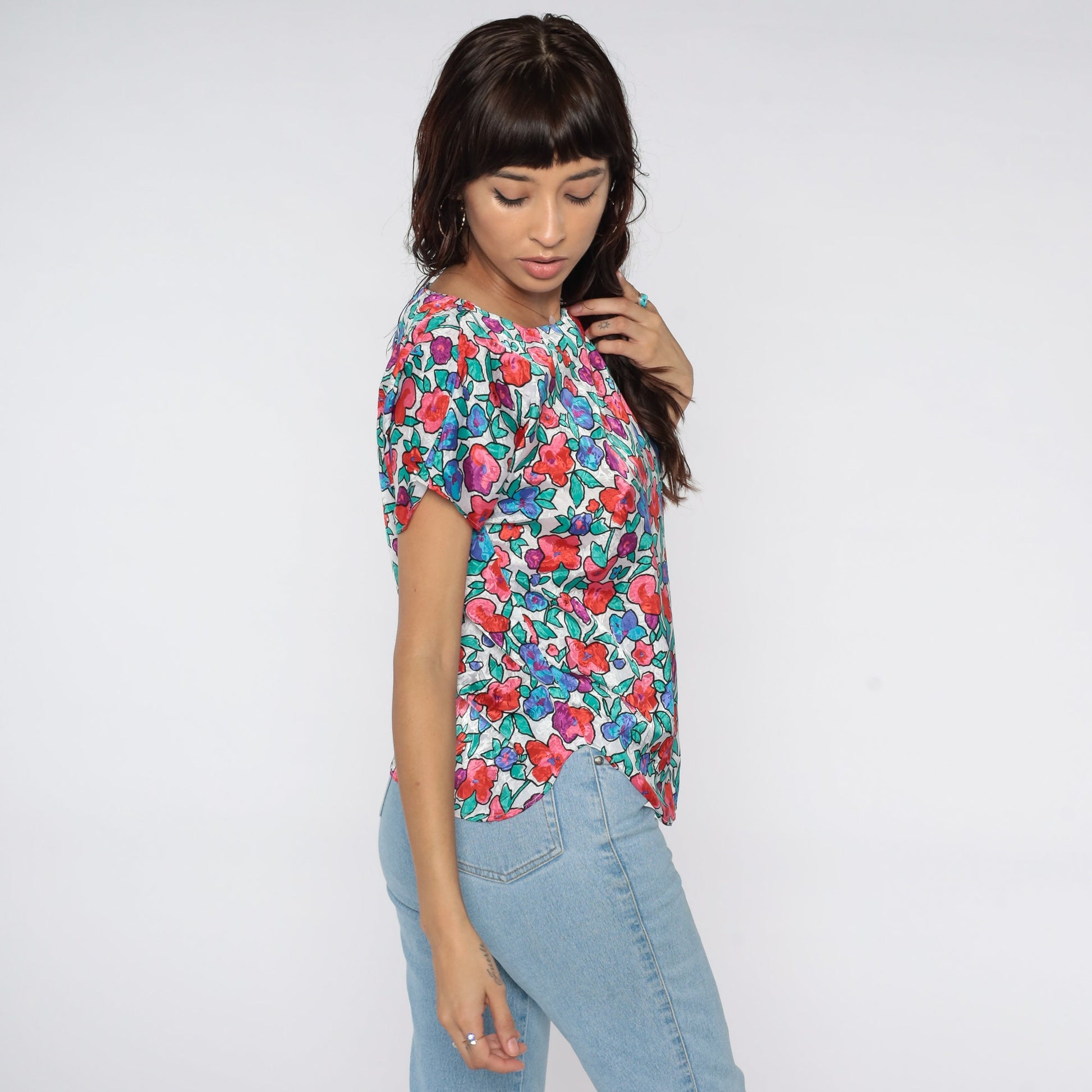 80s Floral Cap Sleeve Blouse White Green Pink Flower Print Small