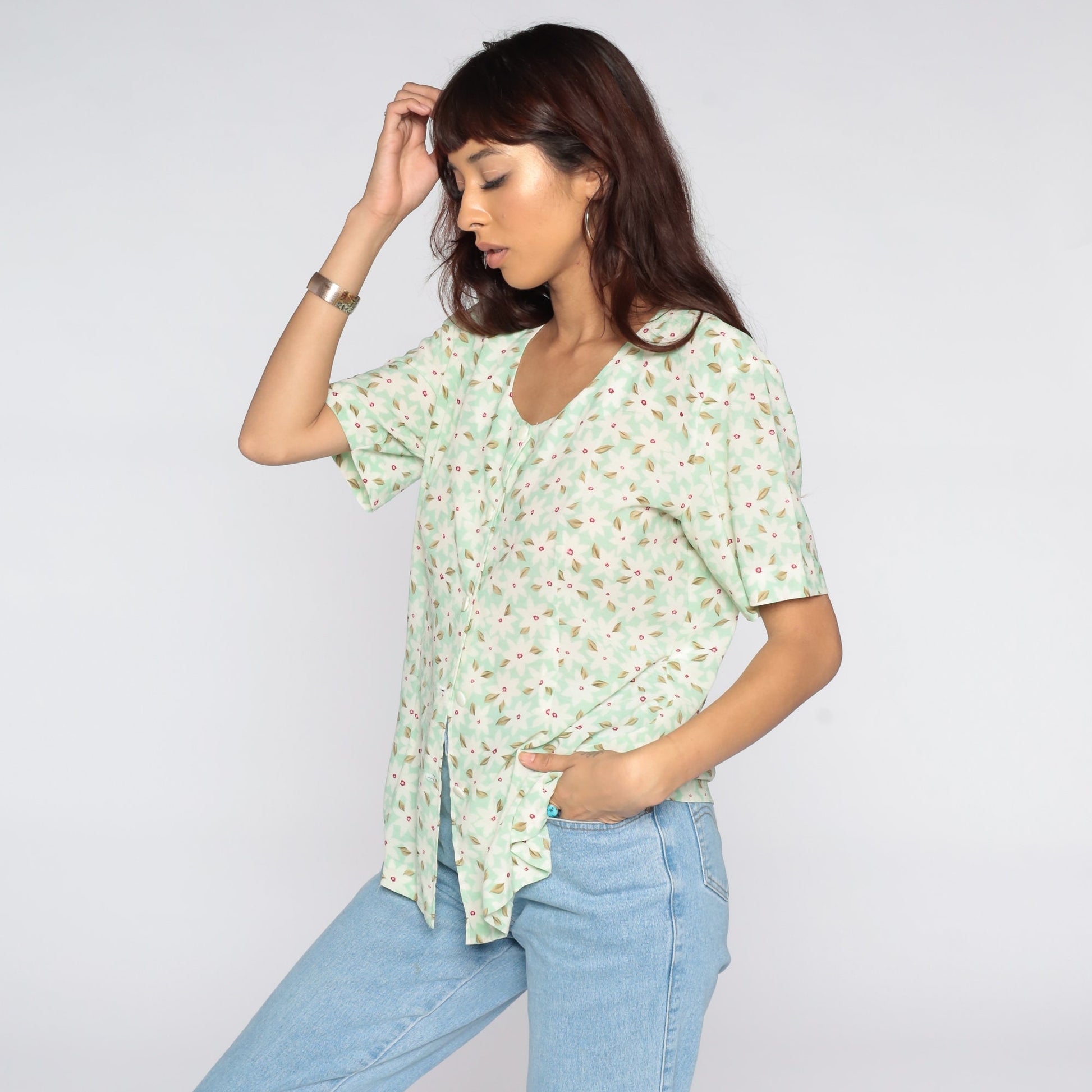90s Green Floral Button-Up Shirt Short Sleeve Blouse Medium Large
