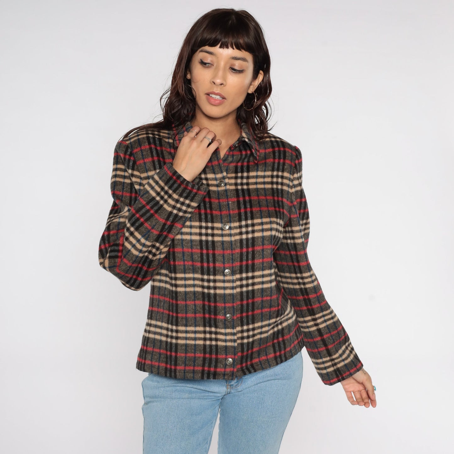 90s Evan Picone Plaid Wool Jacket Red Grey Button Up Medium
