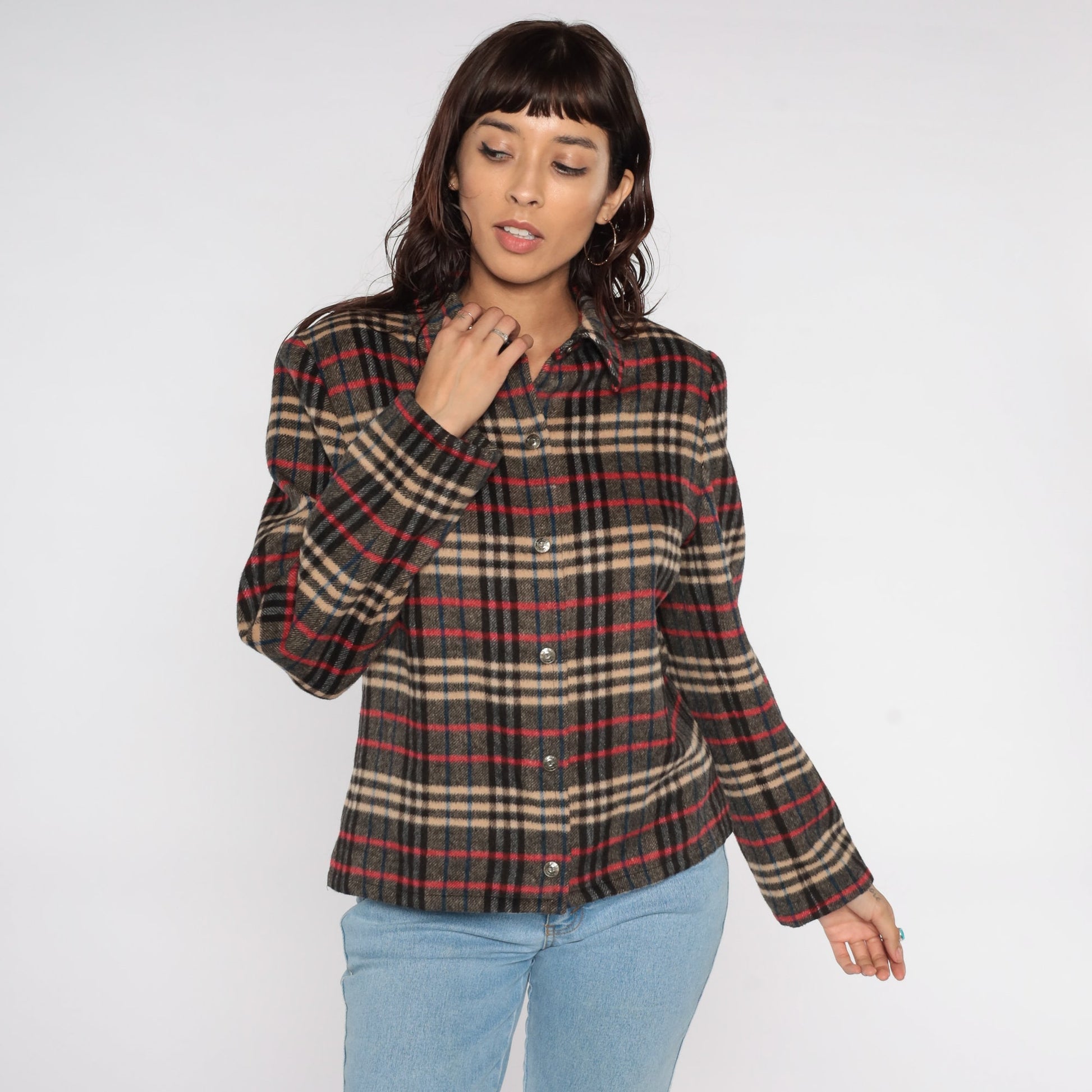 90s Evan Picone Plaid Wool Jacket Red Grey Button Up Medium