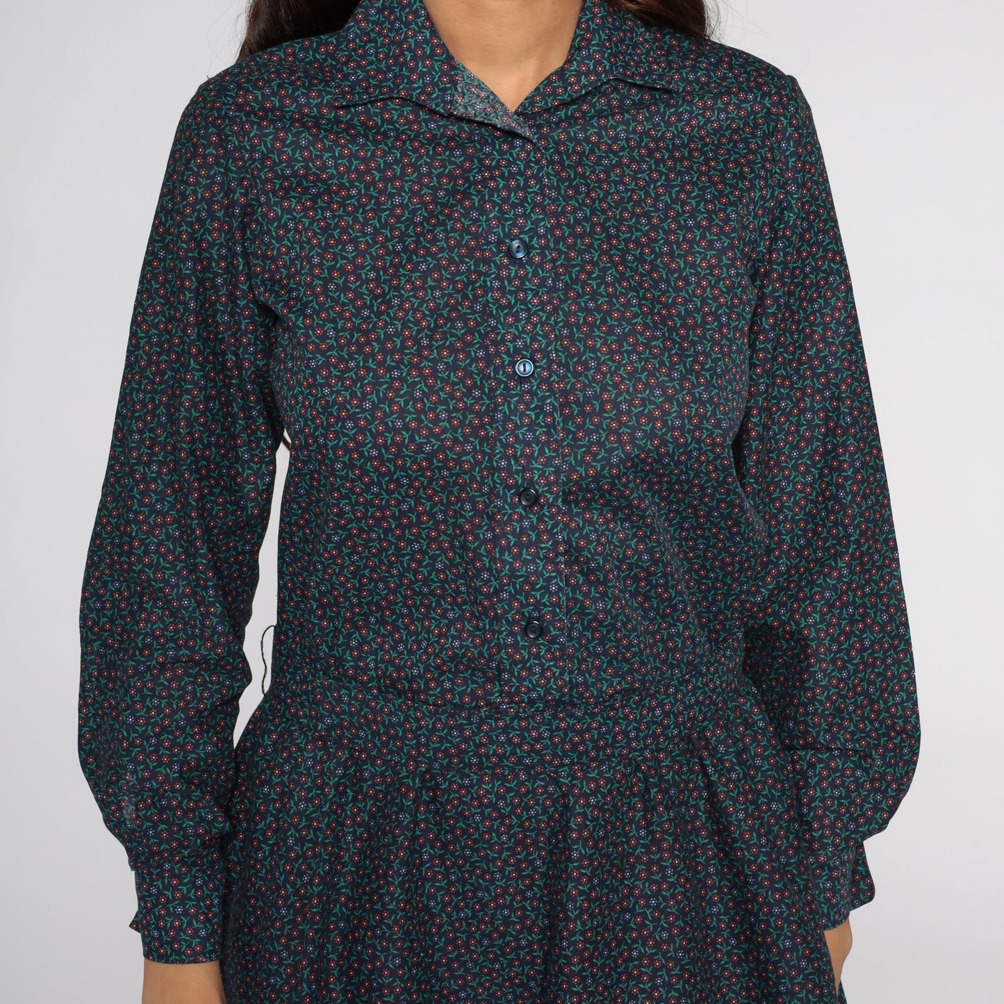 80s Blue Floral Mini Dress Long Sleeve Button Front Low Waist Small