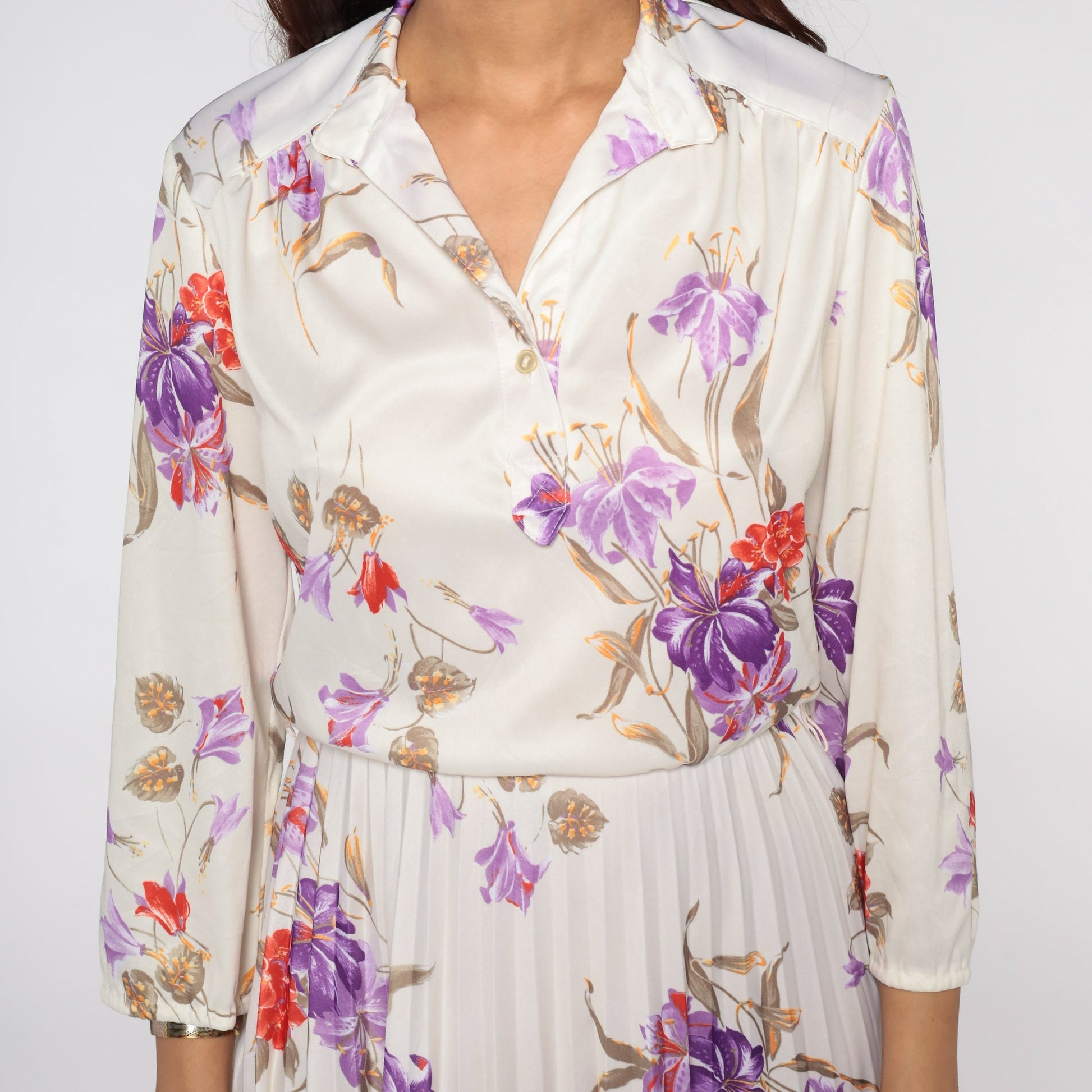 70s Cream Floral Midi Dress High Waist Pleated Button Up Long Sleeve Small Medium