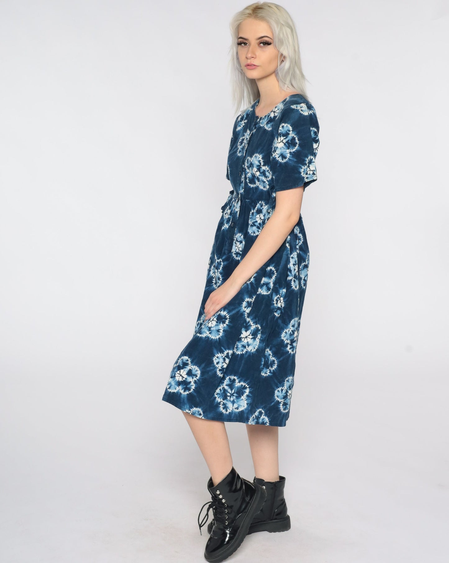 90s Tie Dye Midi Dress Blue Floral Empire Waist Button Front Cotton Medium