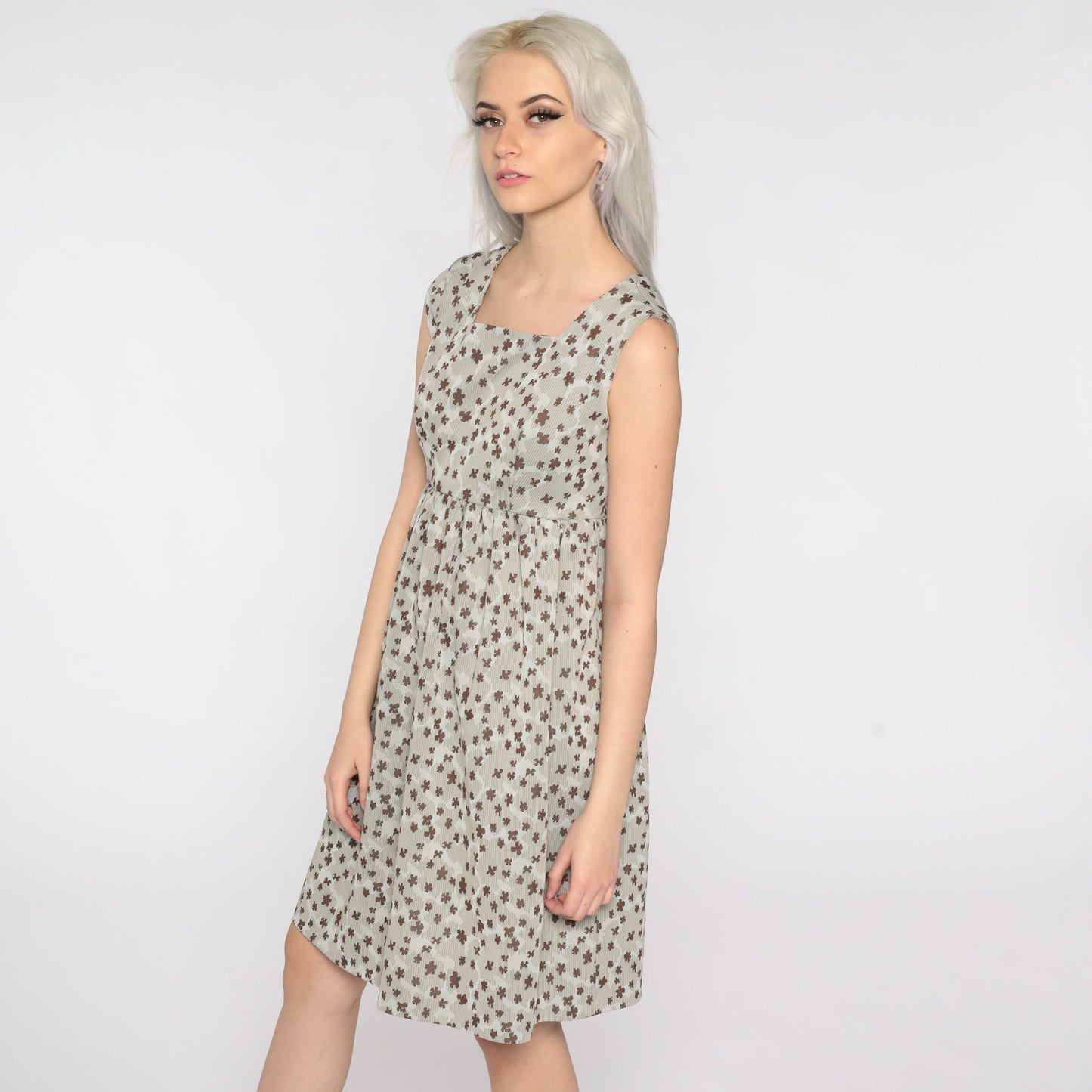 70s Taupe Floral Mini Dress Empire Waist Sleeveless Small