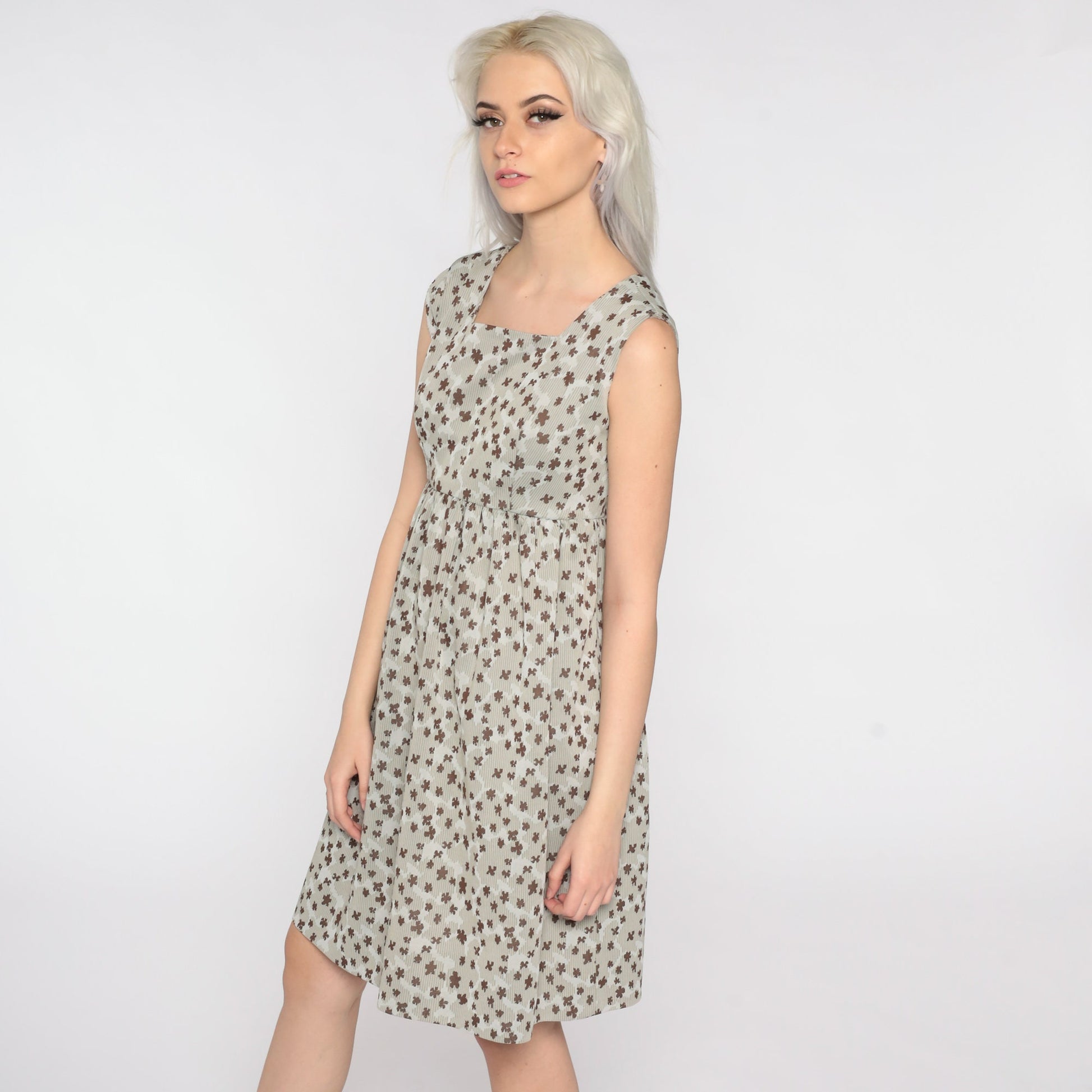 70s Taupe Floral Mini Dress Empire Waist Sleeveless Small