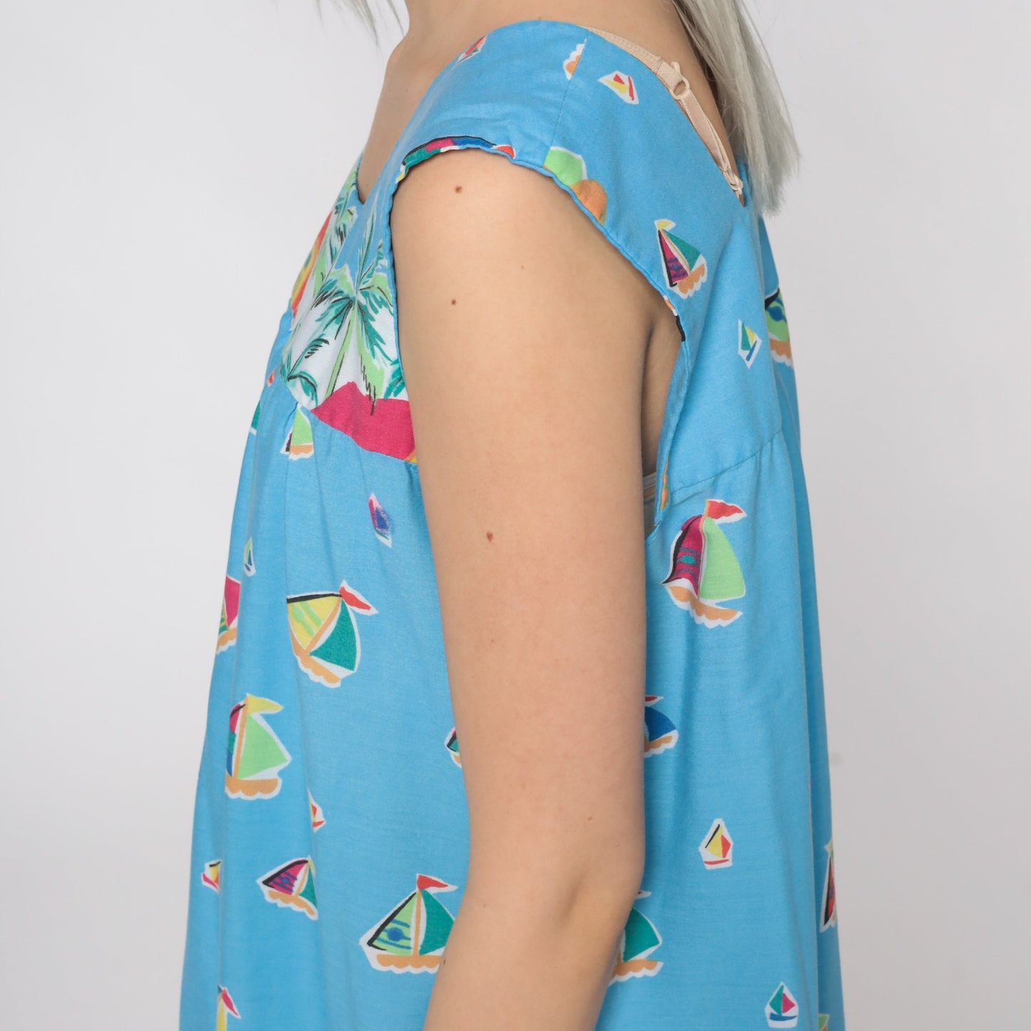 80s Sailboat Tropical Print Trapeze Dress Sleeveless Mini Cotton Small