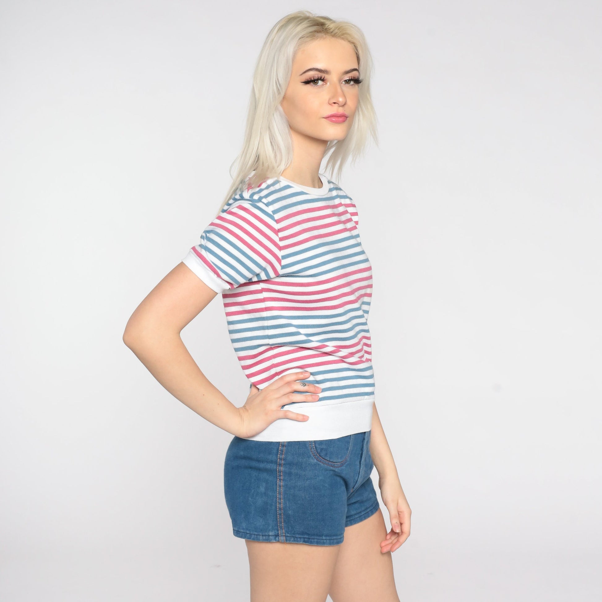 80s Striped Ringer Tee Pink Blue White Cotton Shirt Small S