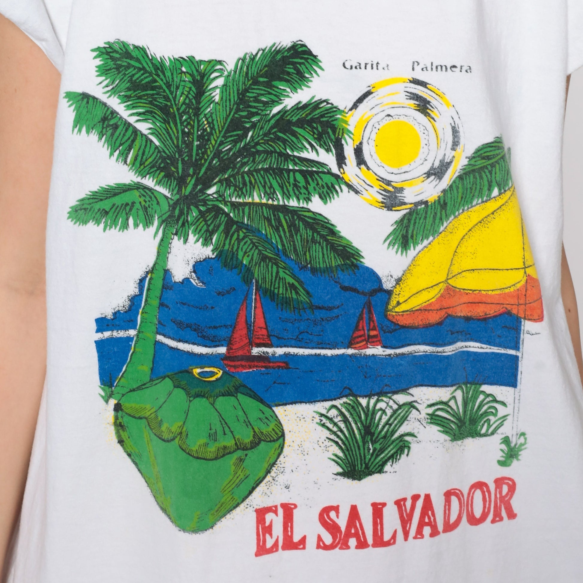80s El Salvador Tropical Palm Tree Graphic T-Shirt Dress Cotton Medium Large