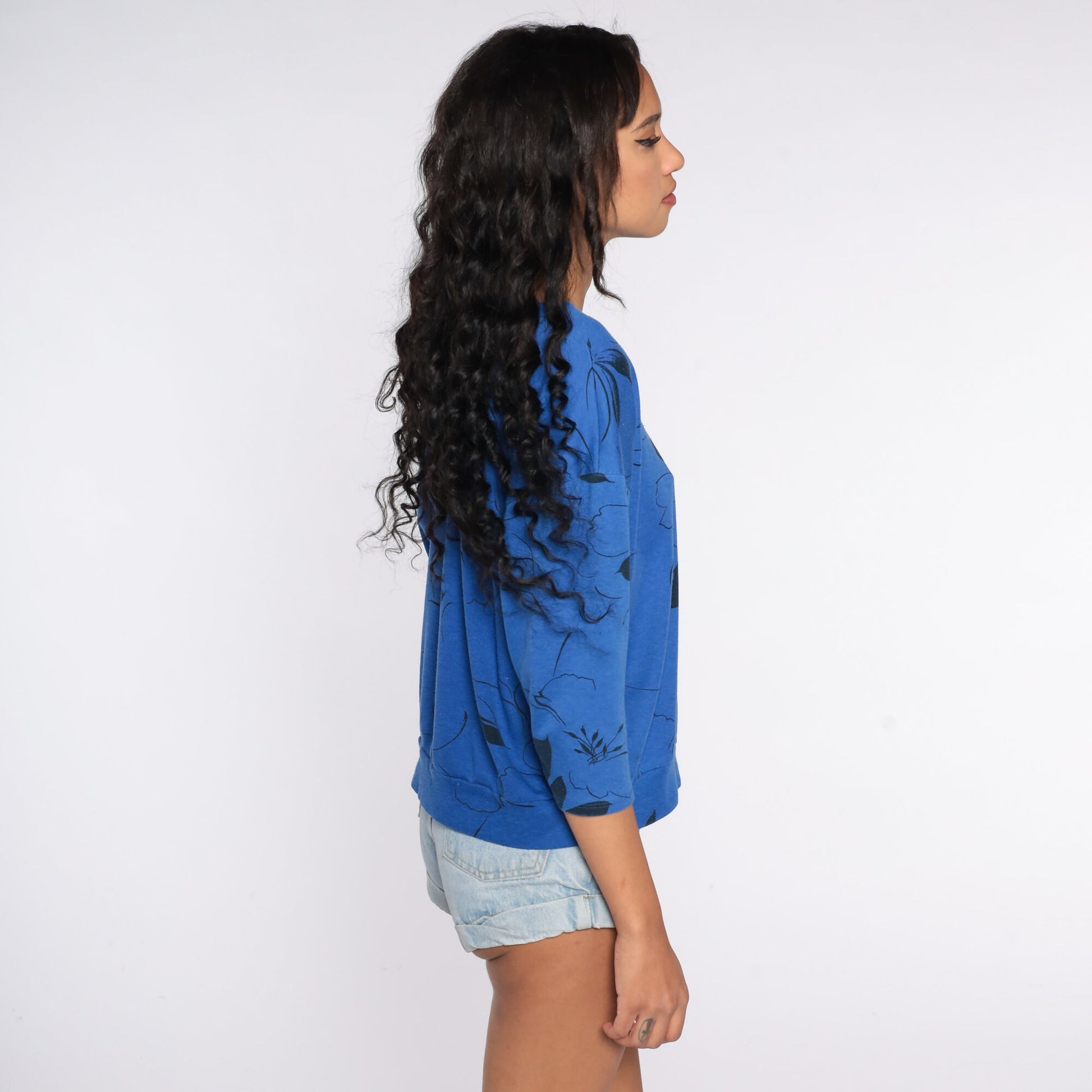 80s Floral Dolman Sleeve Blouse Blue 3/4 Shirt Large