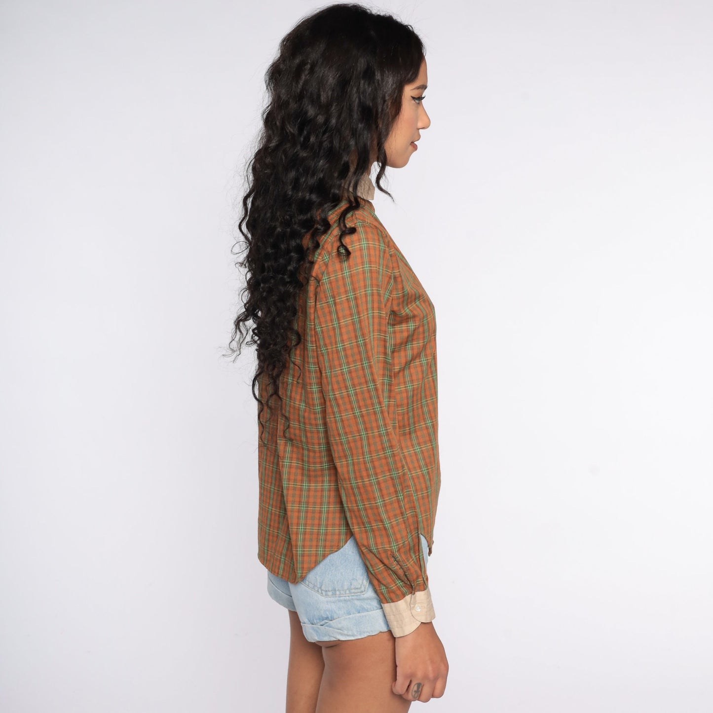 80s Brown Plaid Button-Up Blouse Long Sleeve Chest Pocket Medium