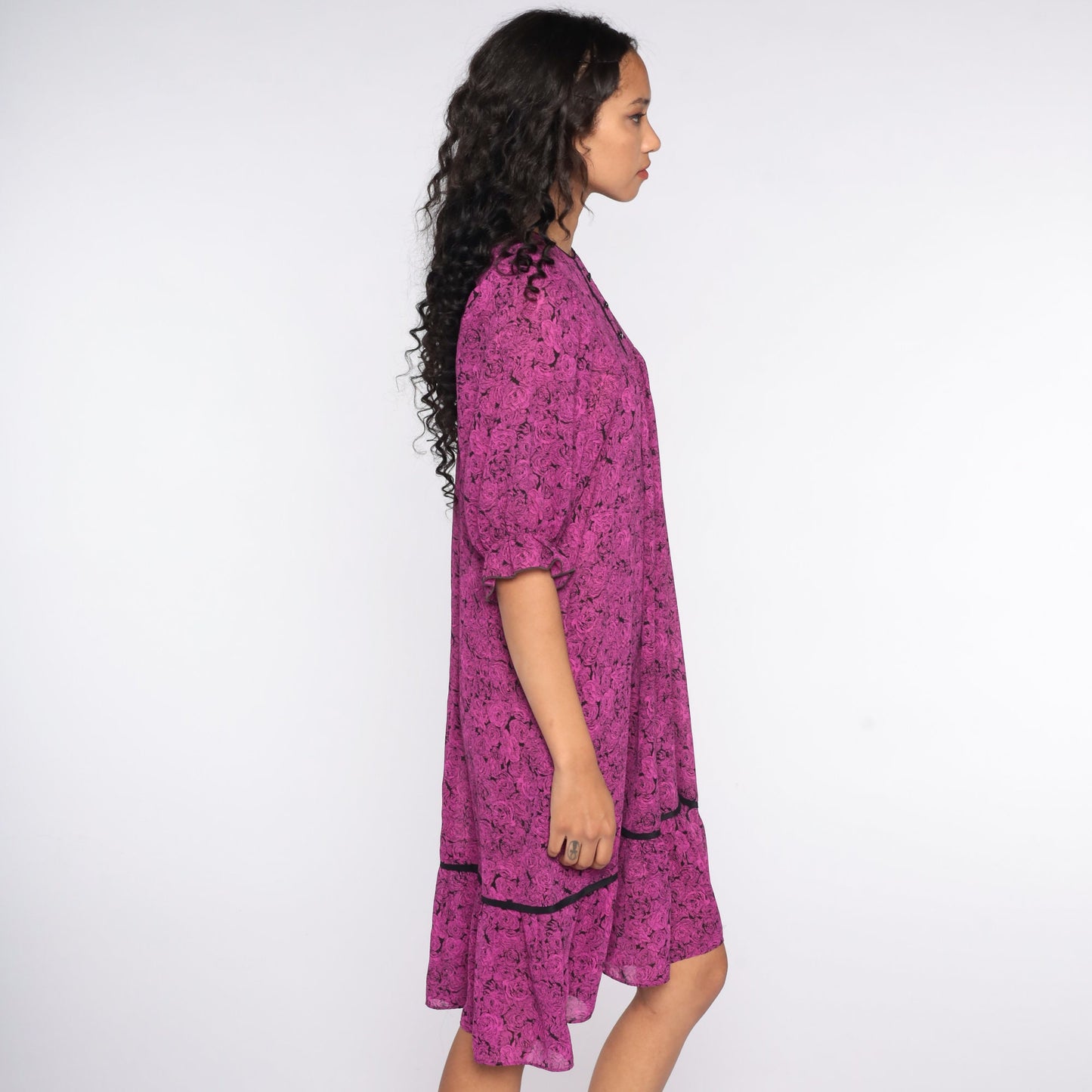 80s Purple Floral Tent Dress Half-Sleeve Trapeze Midi Small