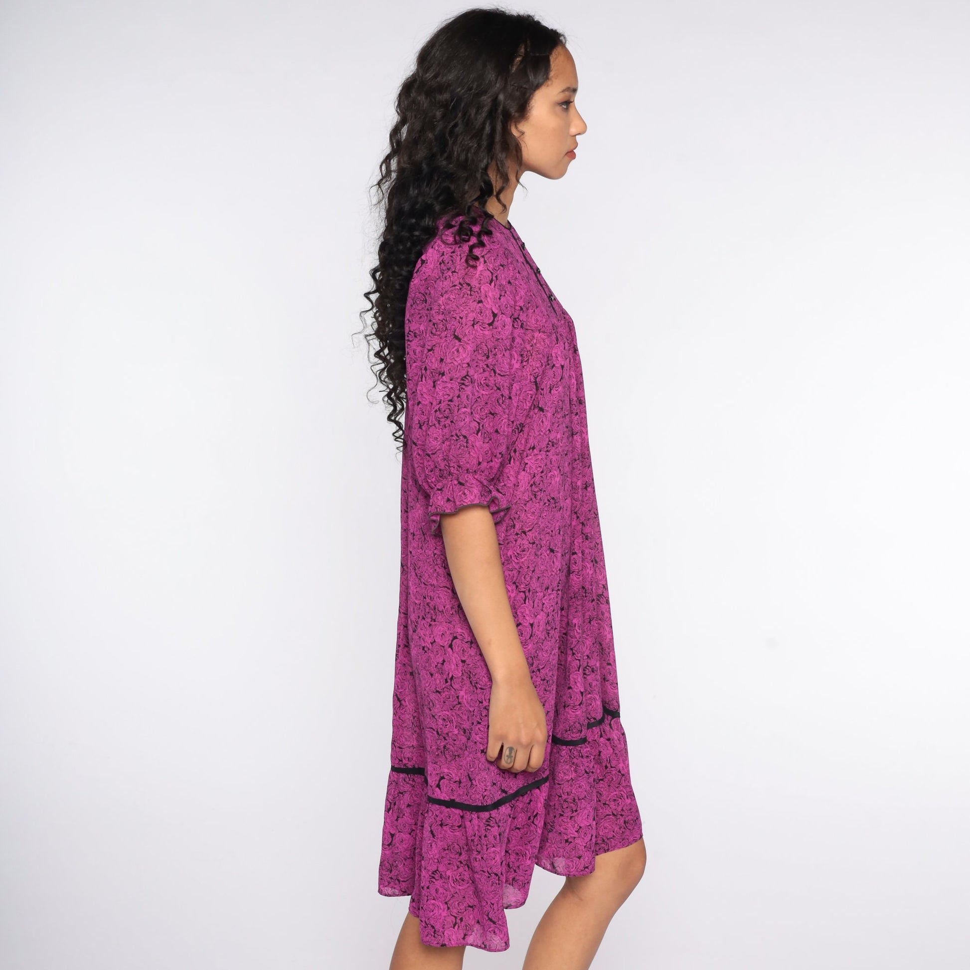 80s Purple Floral Tent Dress Half-Sleeve Trapeze Midi Small