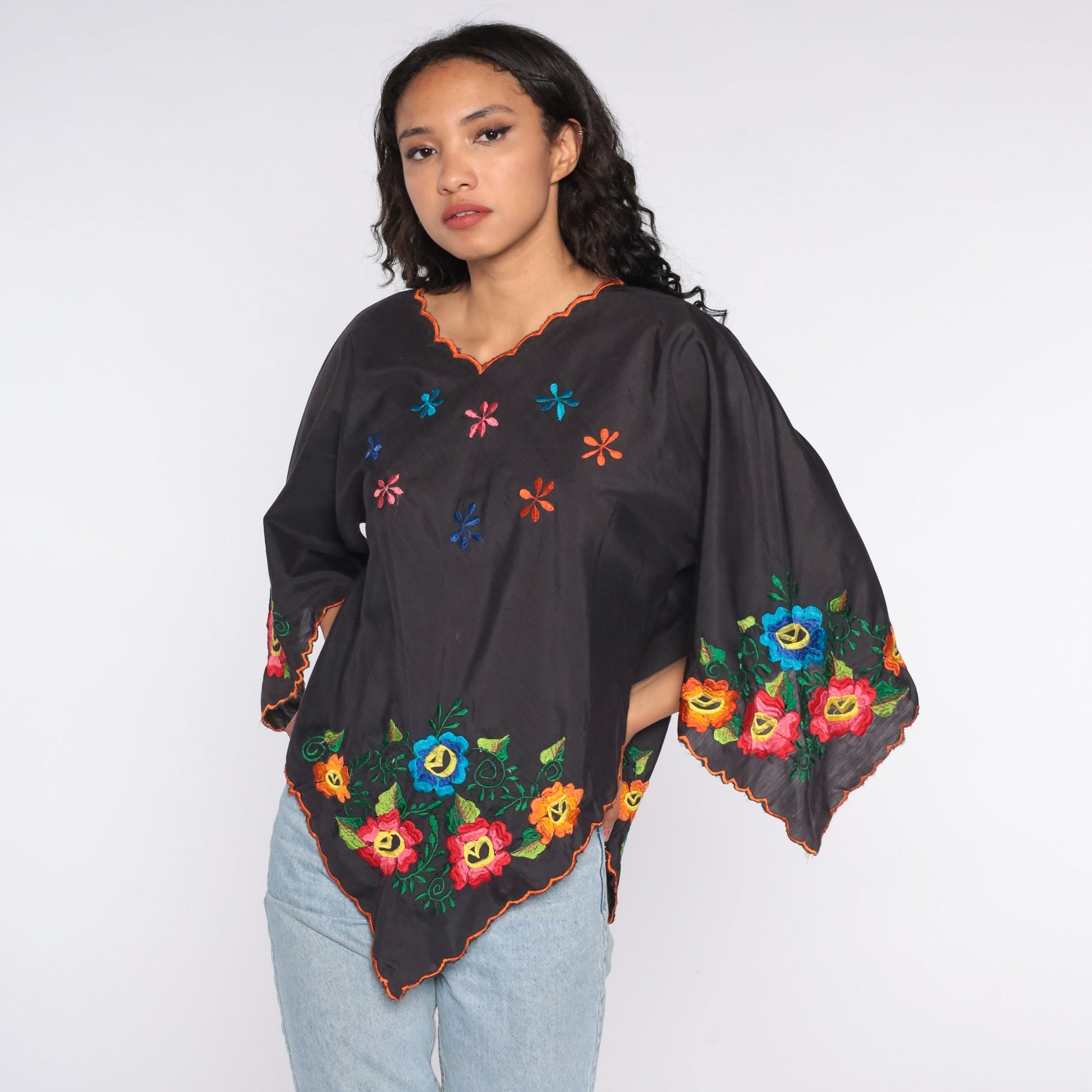 90s Black Floral Embroidered Bell Sleeve Tunic Top Small Medium