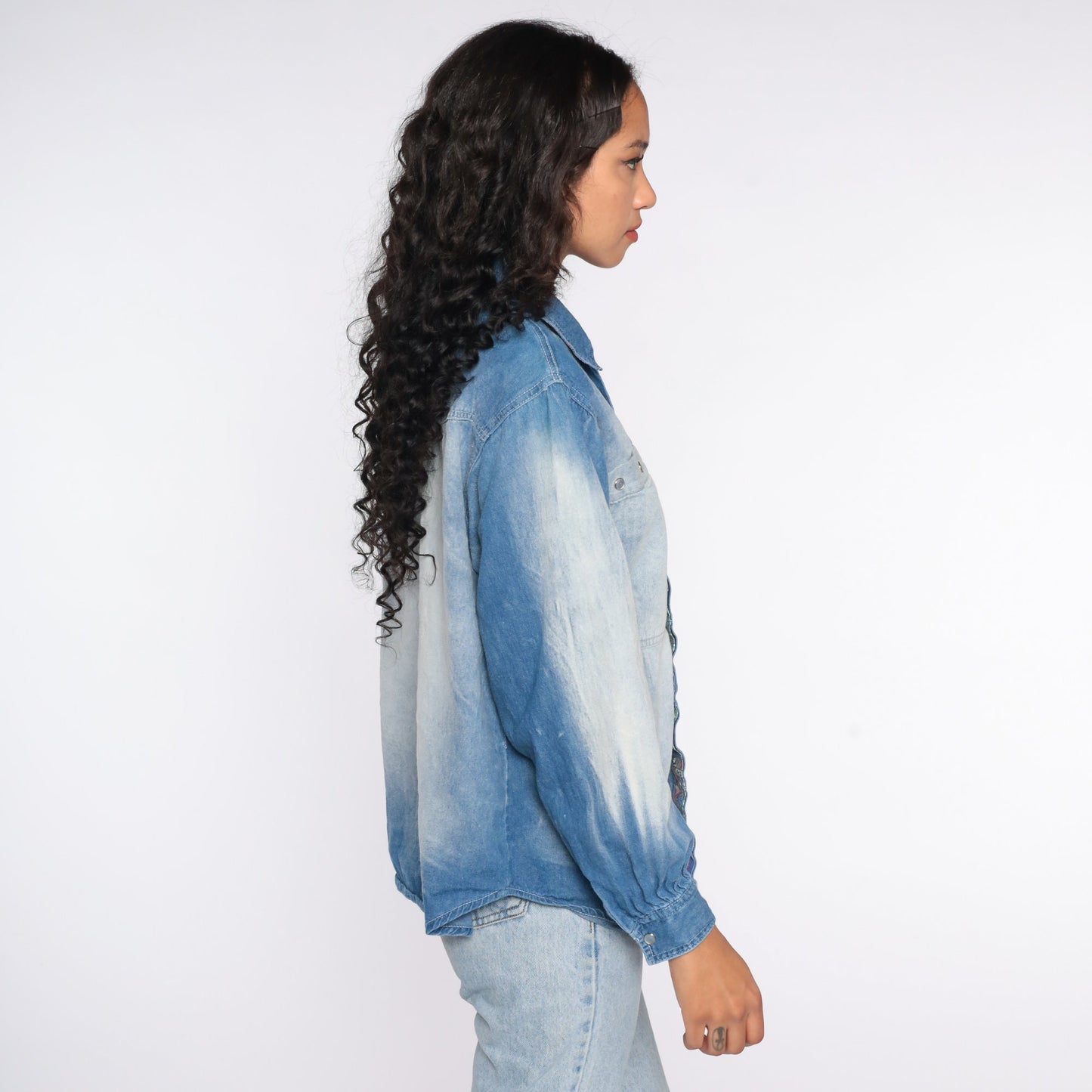 90s Anchor Blue Denim Pearl Snap Western Shirt Small