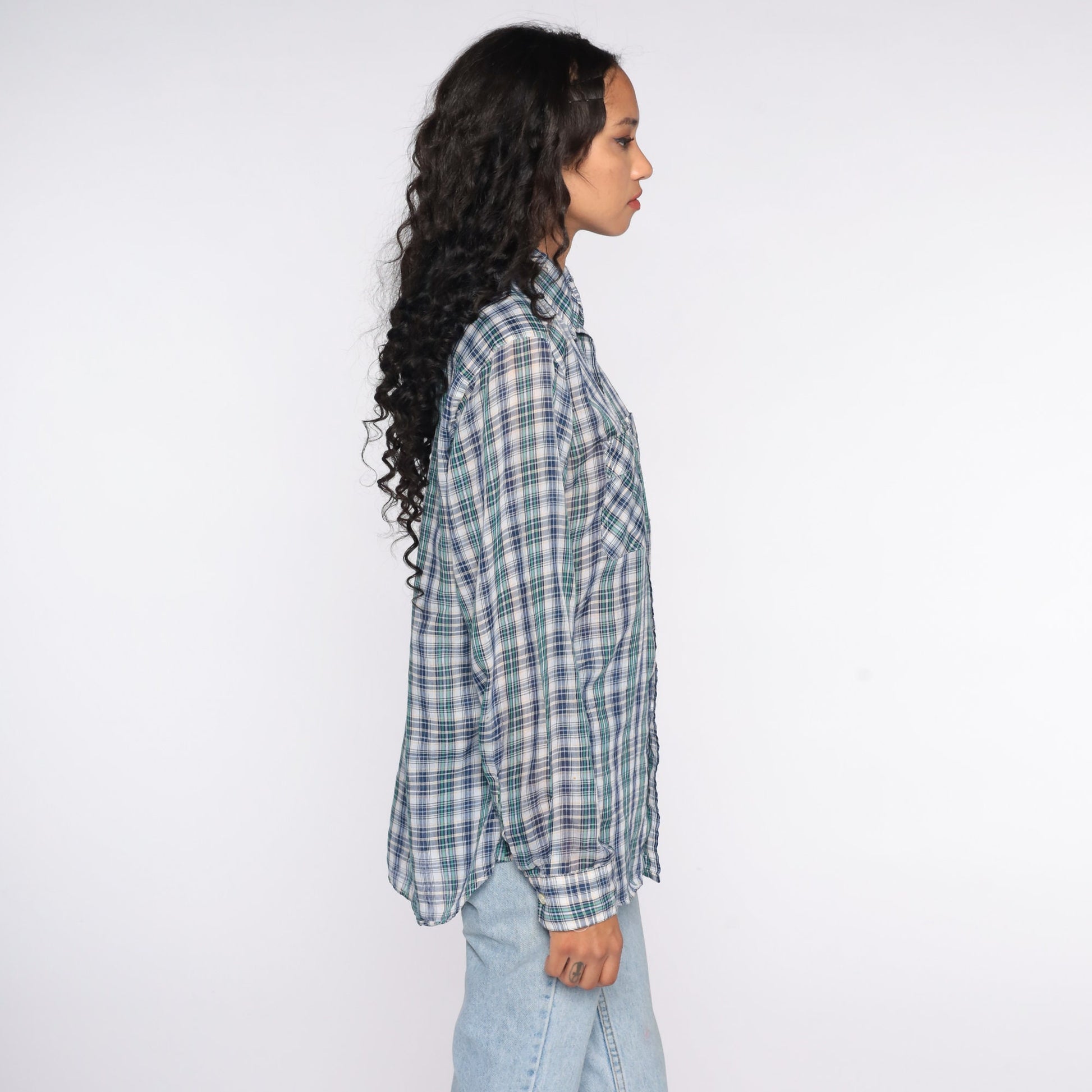 80s Blue Plaid Button Up Shirt Cotton Blend Distressed Large