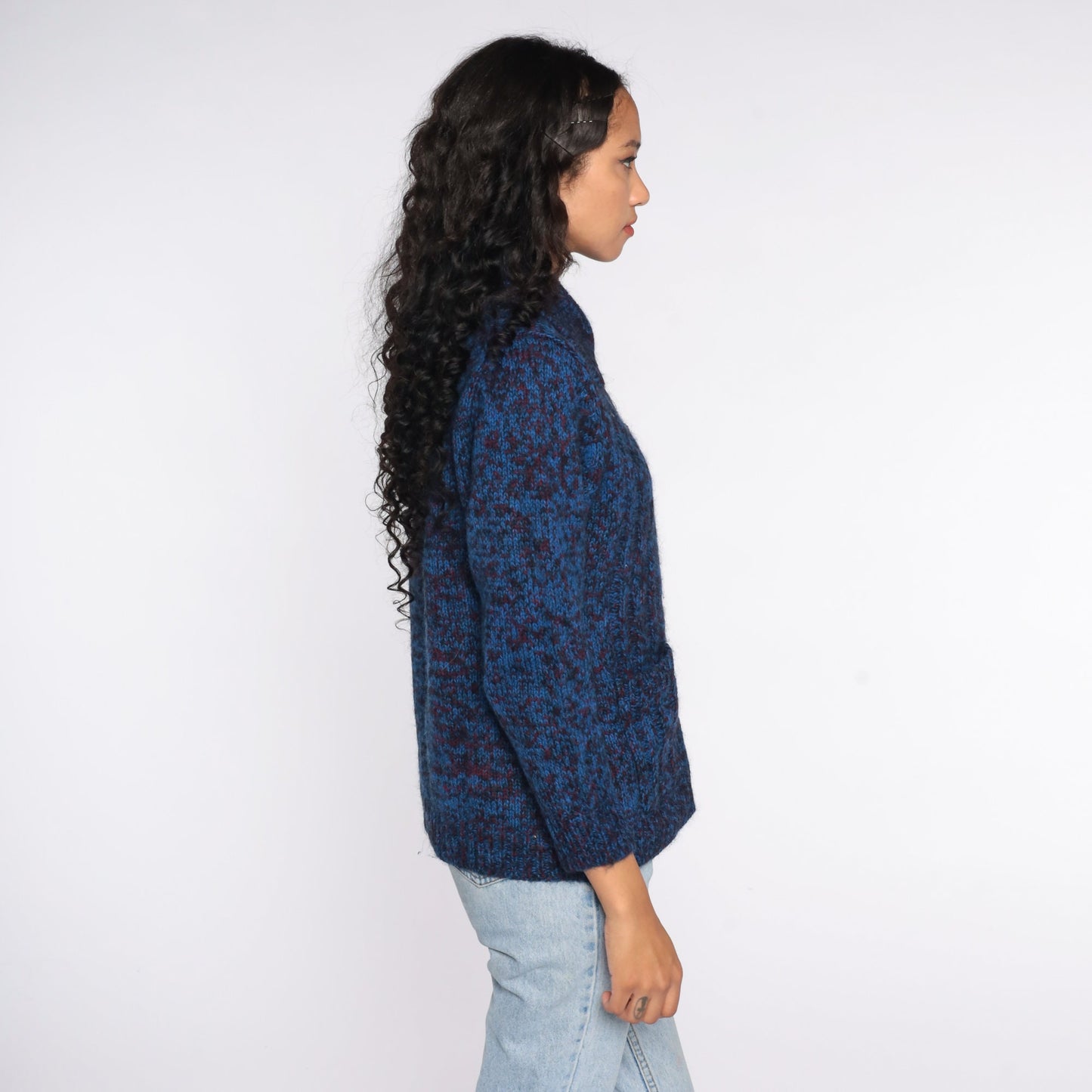 70s Dark Blue Space Dye Cardigan Sweater Button Front Medium