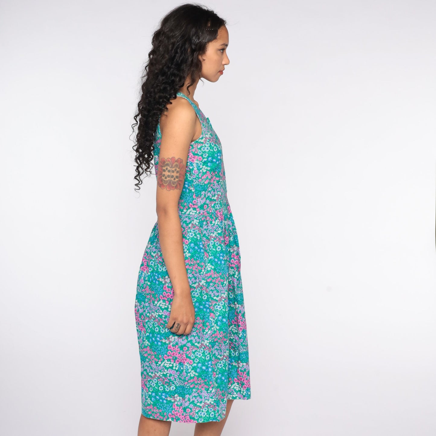 90s Kathy Sunada Floral Jumper Dress Green Midi Button Front Small