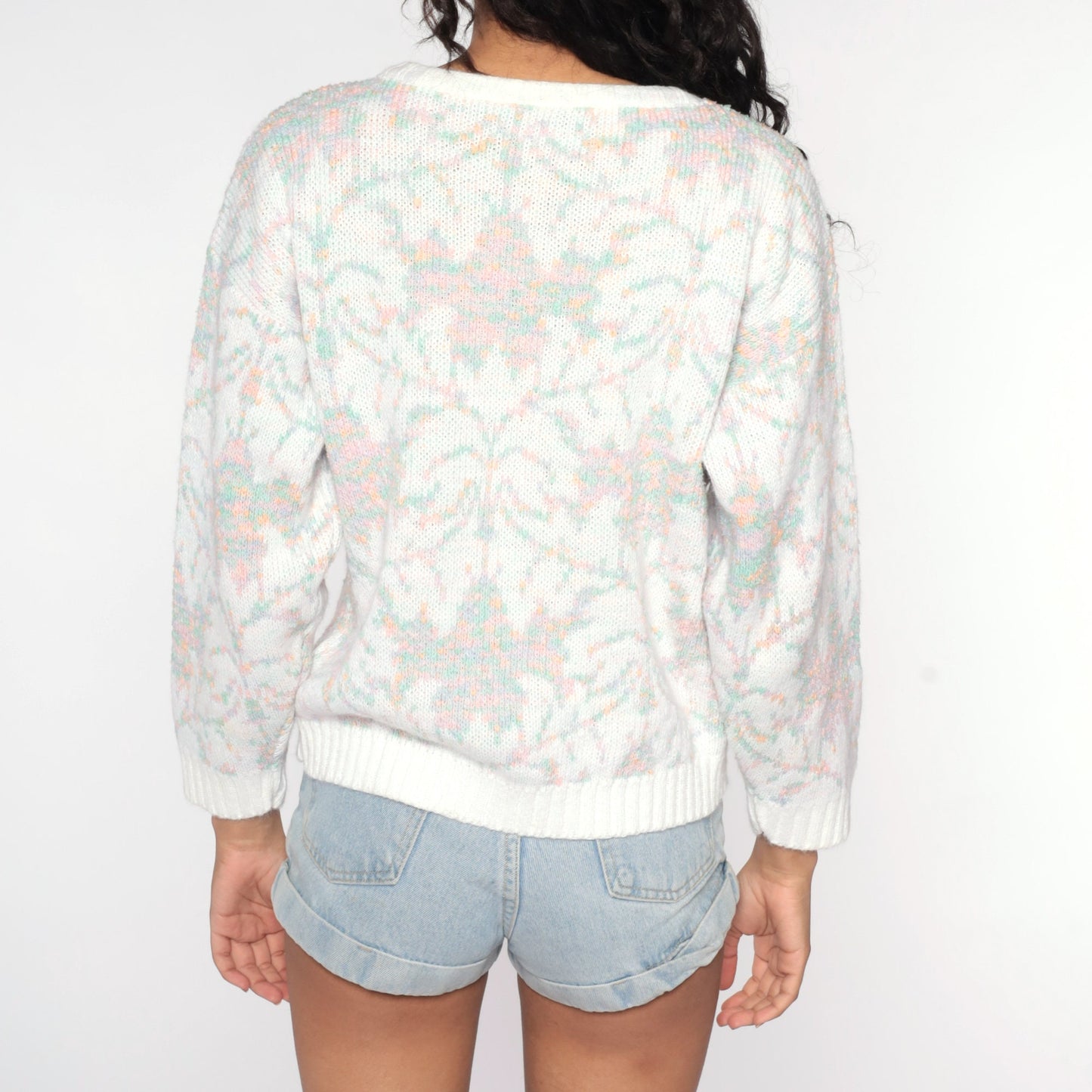 80s Geometric Leaf Knit Sweater White Pastel Pullover Medium