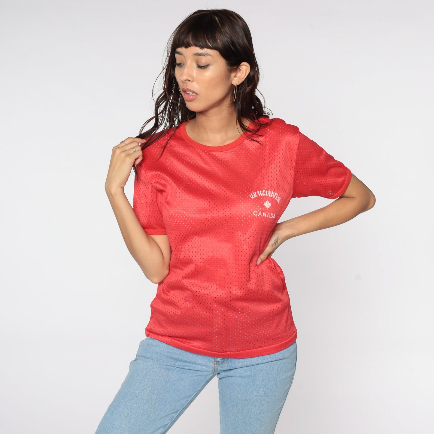 80s Vancouver Canada Mesh Jersey Shirt Red Maple Leaf Athletic Tee Small