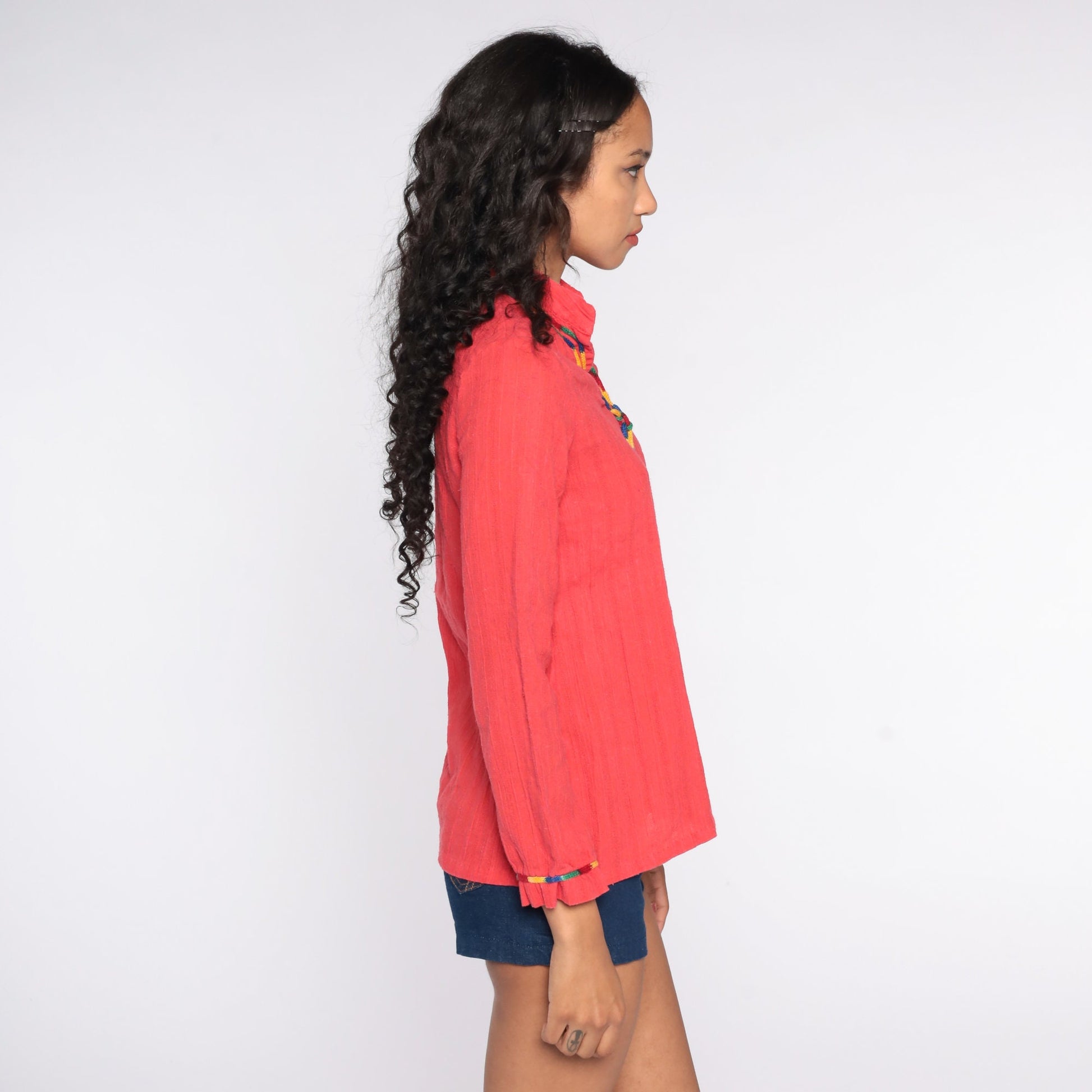 70s Red Cotton Tunic Top V-Neck Long Sleeve Vintage Blouse Small
