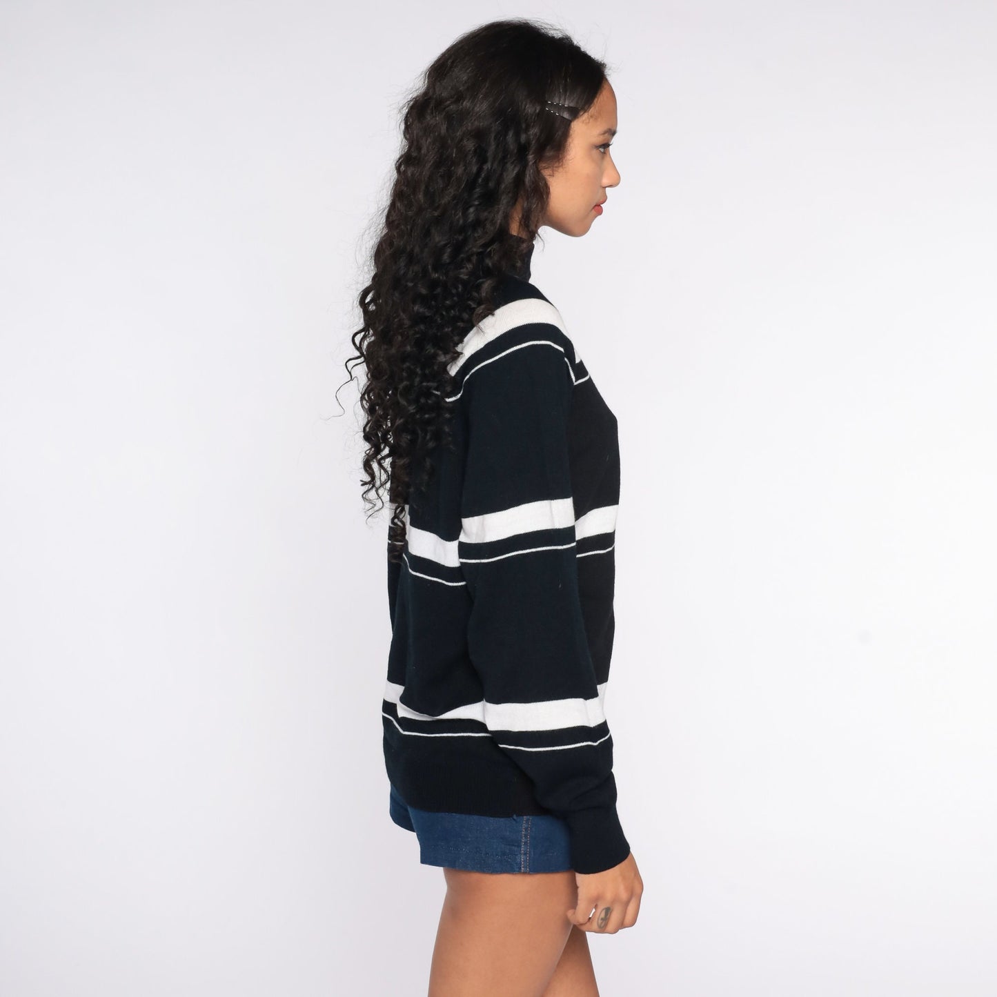 70s Black Striped Knit Sweater Mock Neck Pullover Large