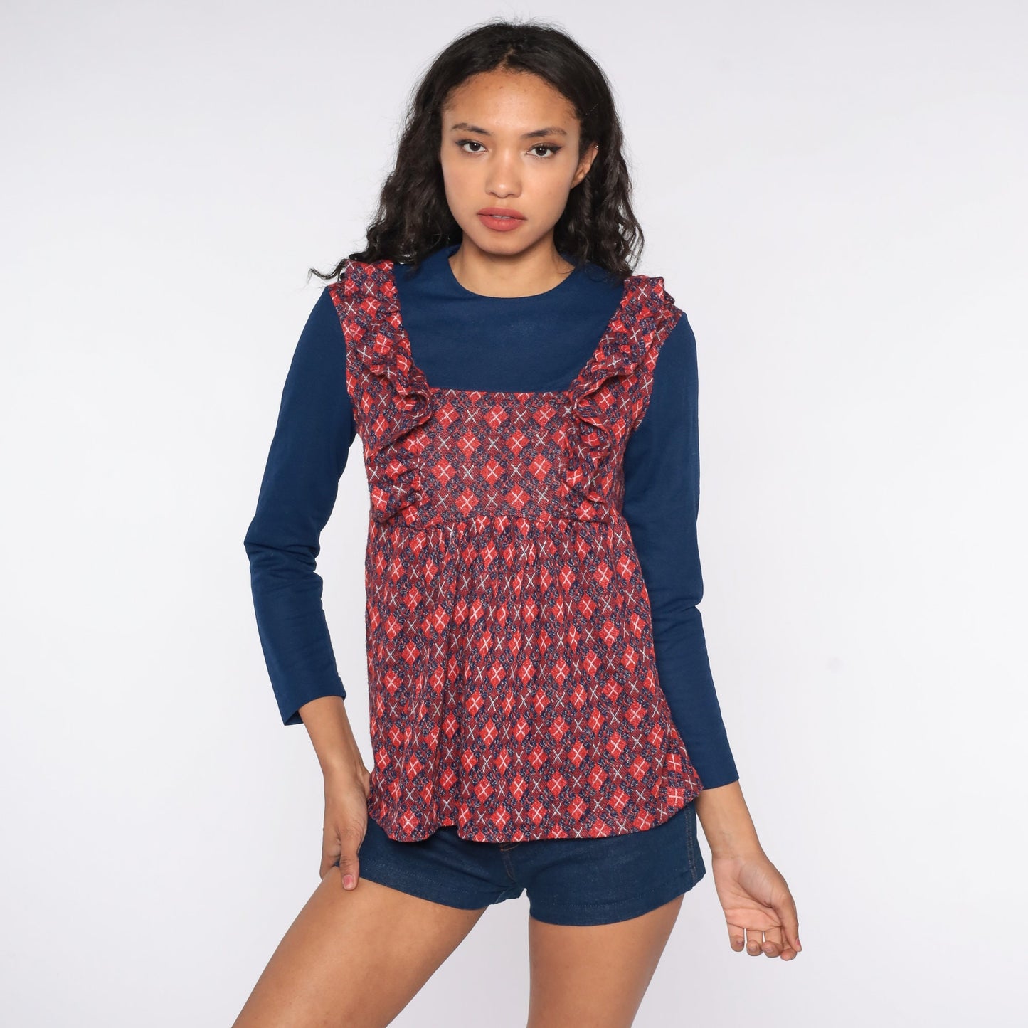 70s Plaid Babydoll Top Ruffled Long Sleeve Checkered Tunic Blue Red Medium