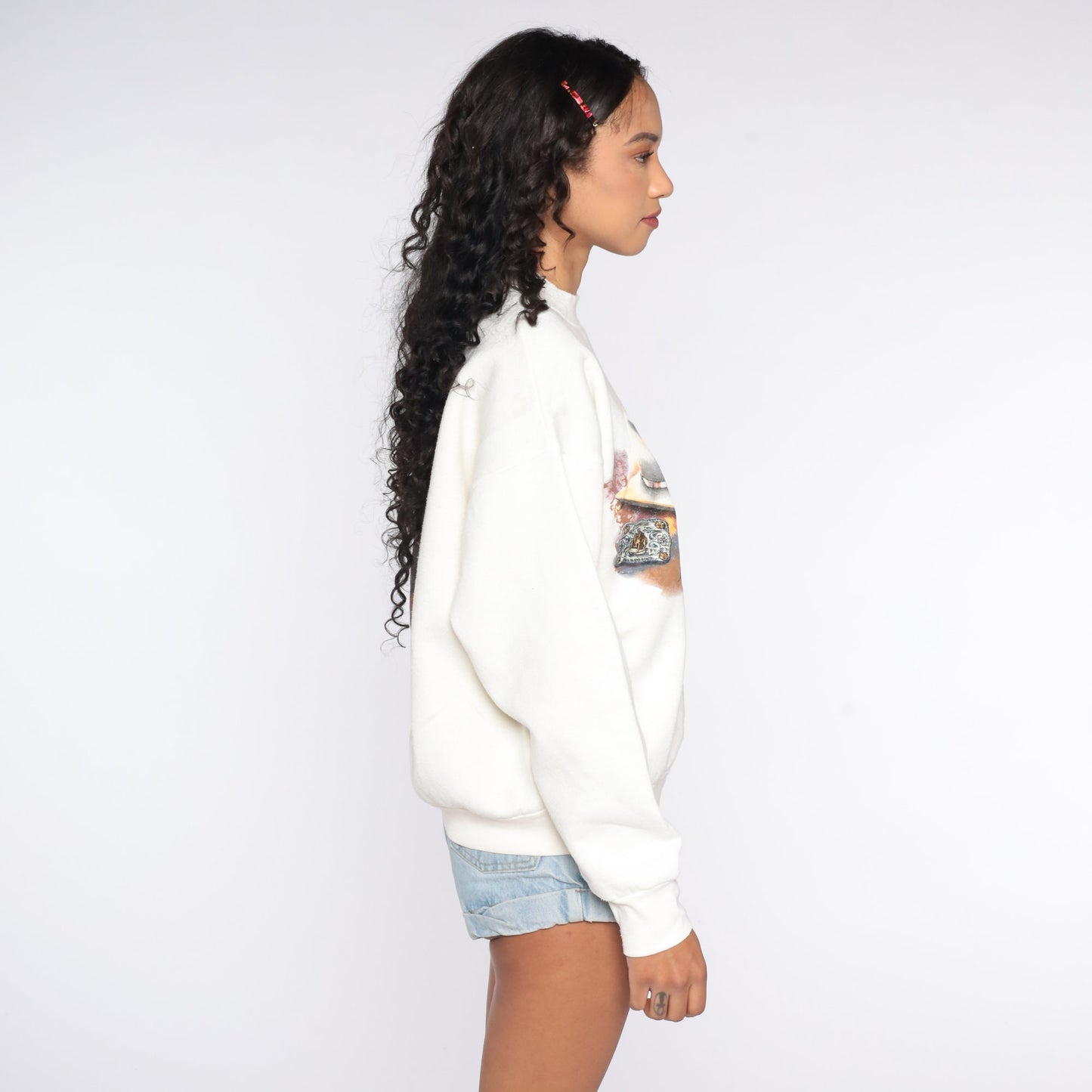90s Cowboy Hat Graphic Sweatshirt Cream Crewneck Pullover Large L