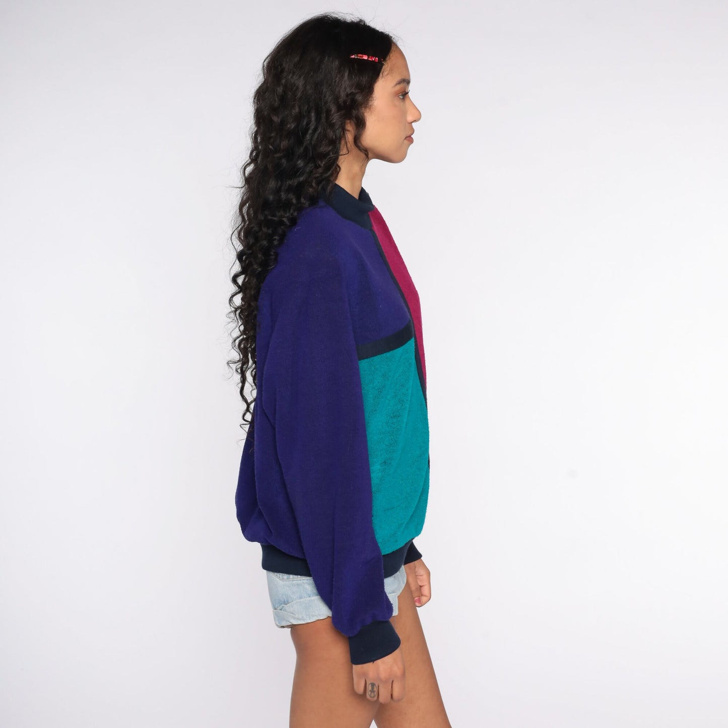 80s Color Block Sweatshirt Purple Turquoise Crewneck Pullover Medium