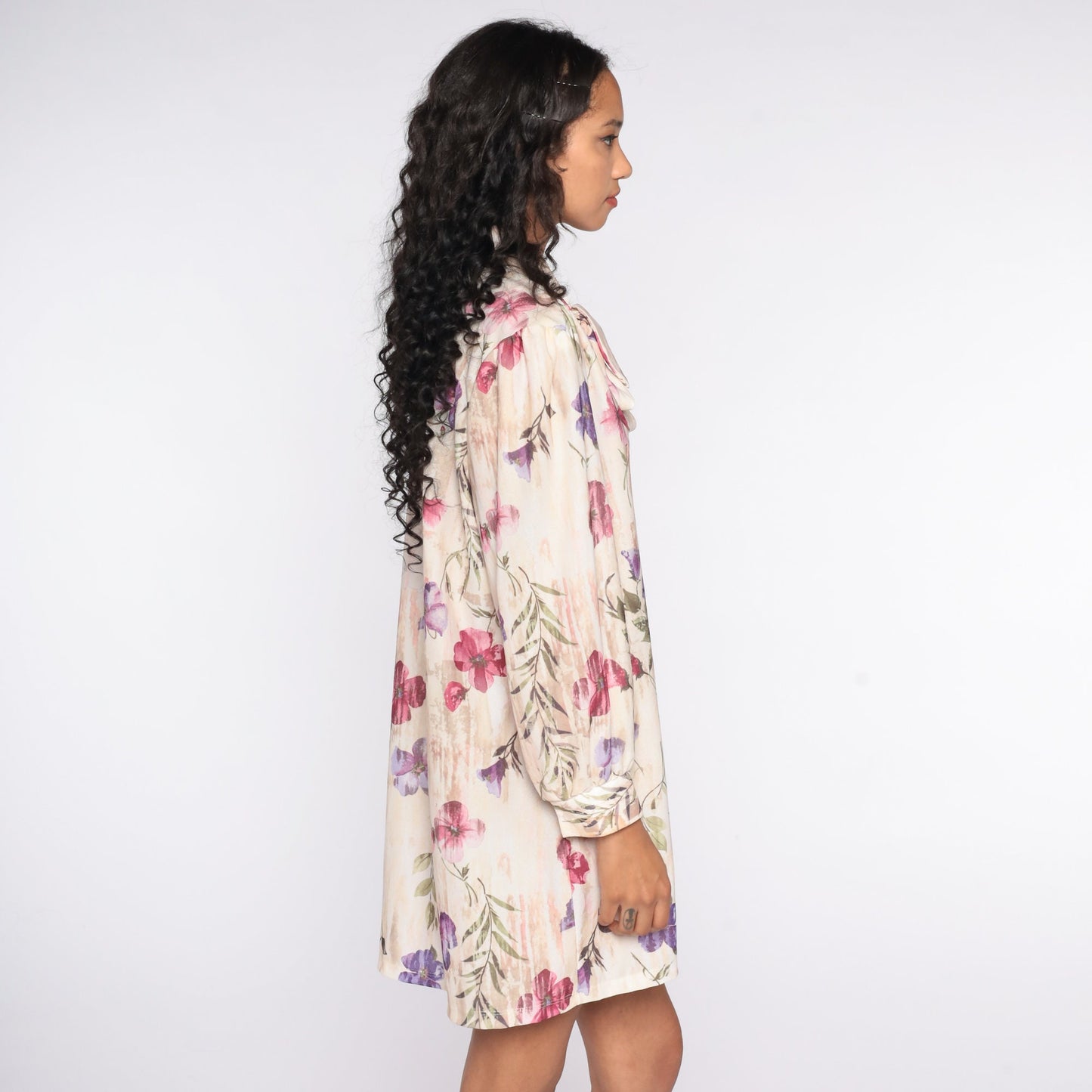 70s Floral Necktie Mini Dress Plus Size Long Sleeve Pullover XXL
