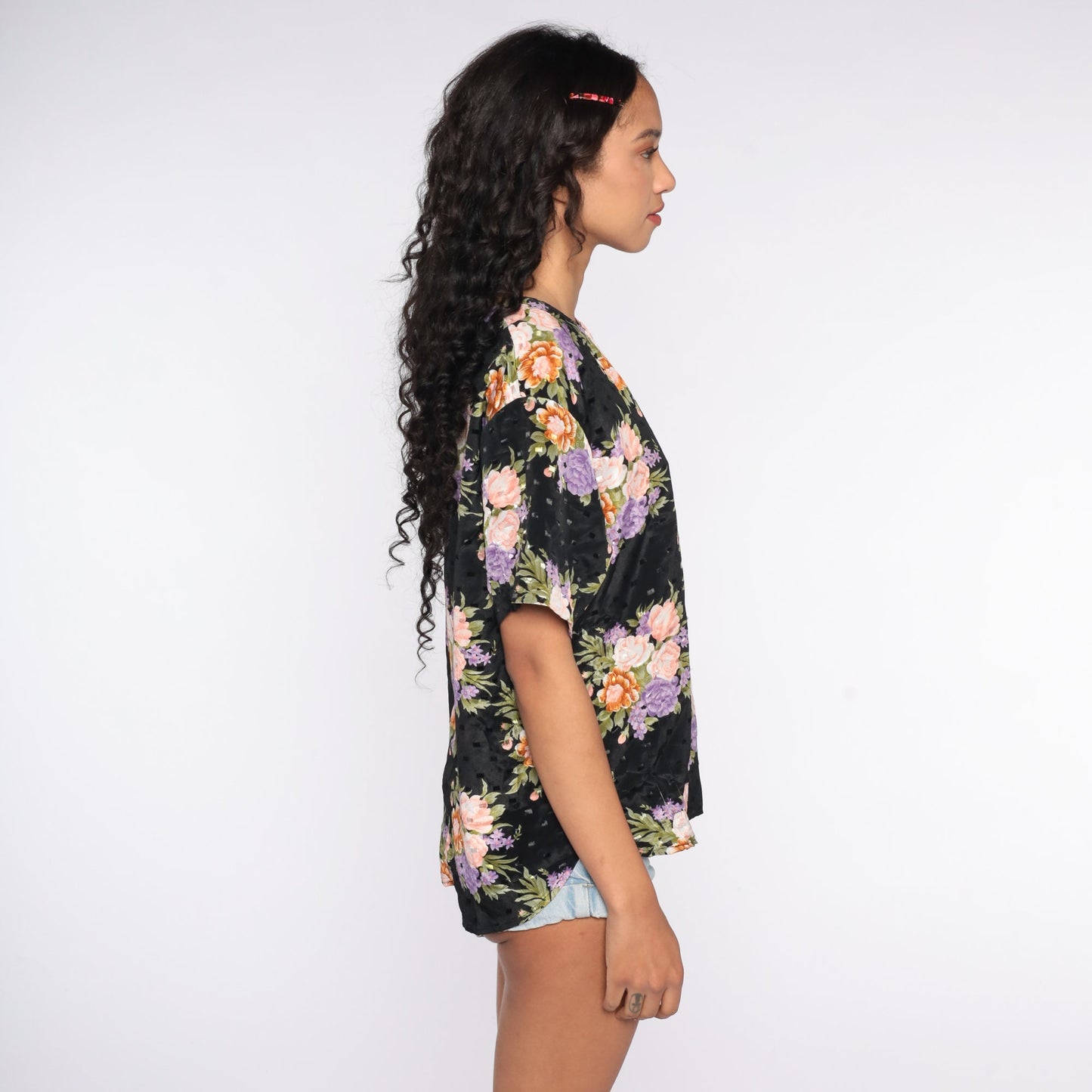 80s Black Floral Embossed Blouse Short Sleeve Shirt Plus Size 14W