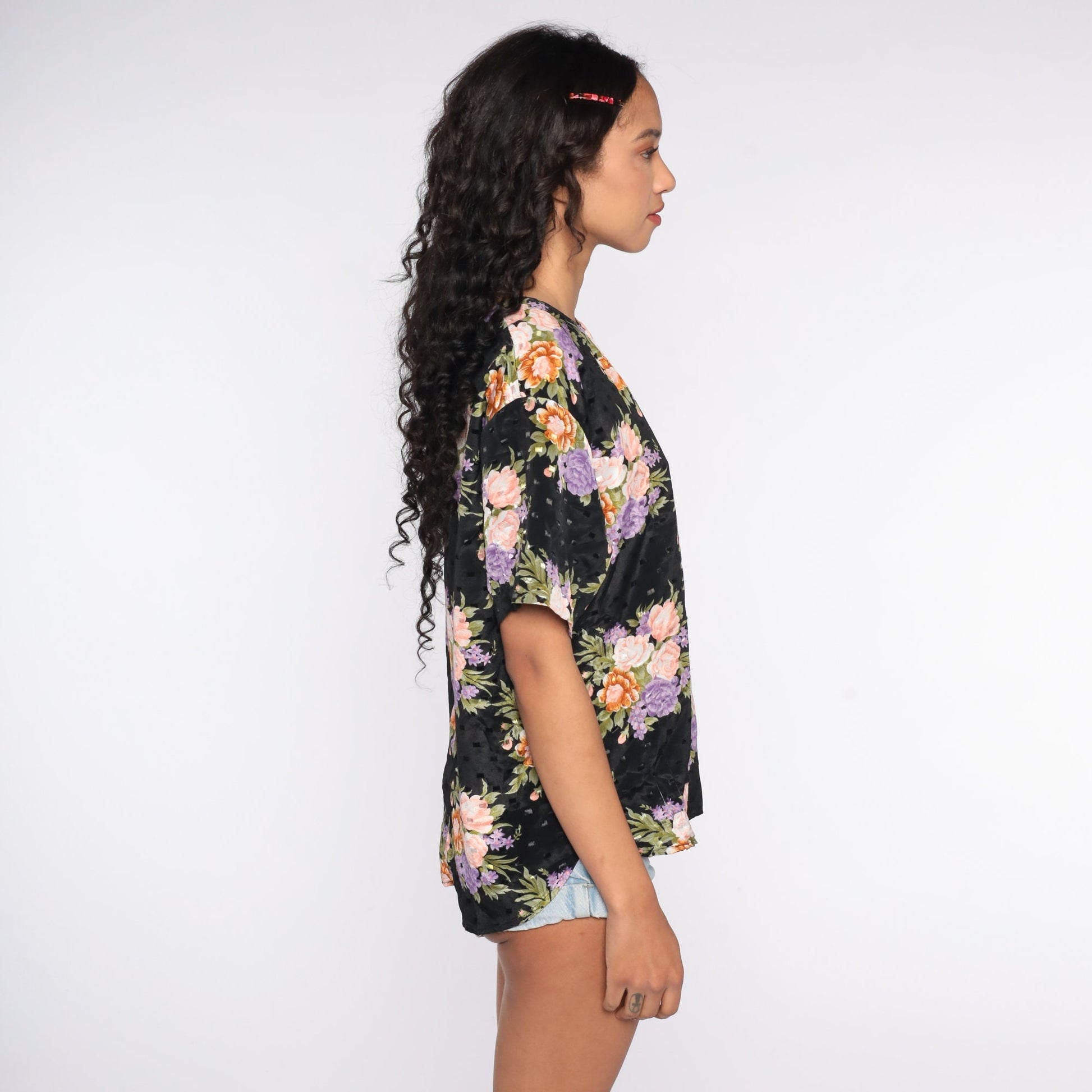 80s Black Floral Embossed Blouse Short Sleeve Shirt Plus Size 14W